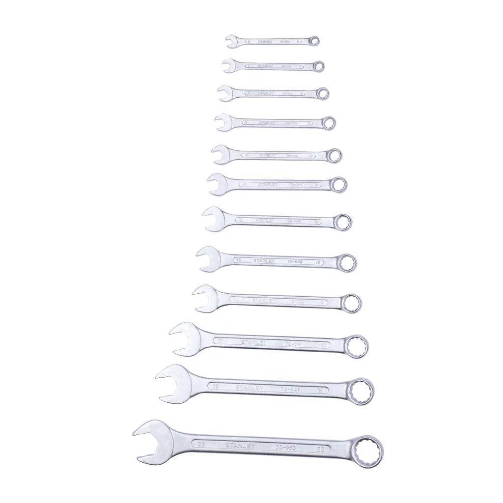 STANLEY 70-964E 12-Piece Combination Spanner Set With Maxi-Drive System, 6mm to 22mm, Chrome-Vanadium Steel, Anti-Slip Design on Open End, Anti-Rust, Matt Finish, Silver