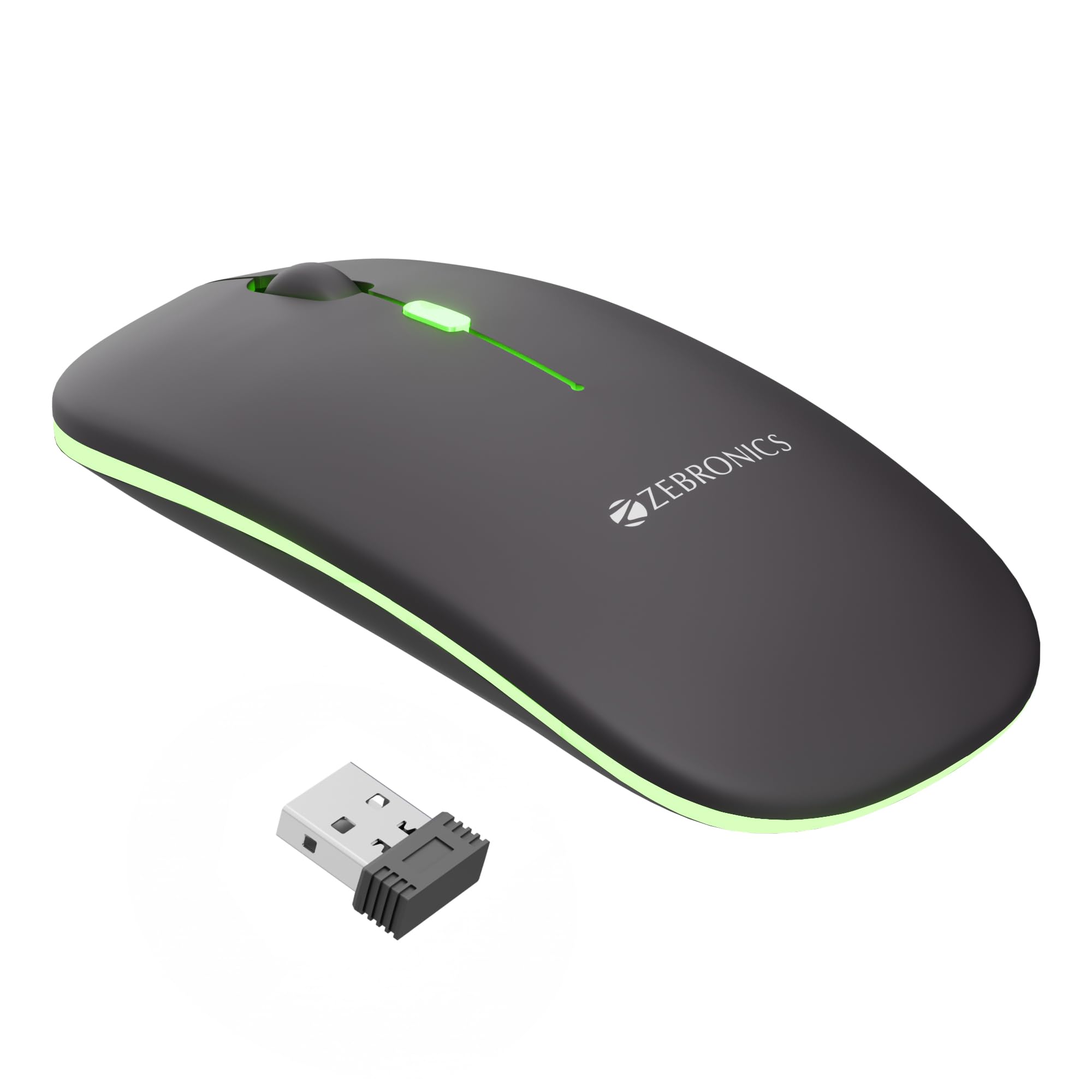 ZEBRONICS Blanc Slim Wireless Mouse with Rechargeable Battery, BT + 2.4GHz, 4 Buttons, 800/1200/1600 DPI, Silent Operation, Multicolor LED Lights