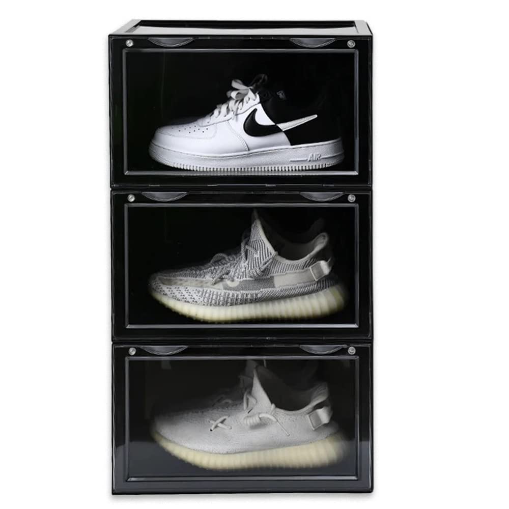 AYSIS Multipurpose Sneaker Containers Bins,Shoe Storage Box,Clear Plastic Stackable Shoe Organizer For Closet,Space Saving Foldable Shoe Sneaker Containers Bins Holders (Pack Of 3,White Transparent)