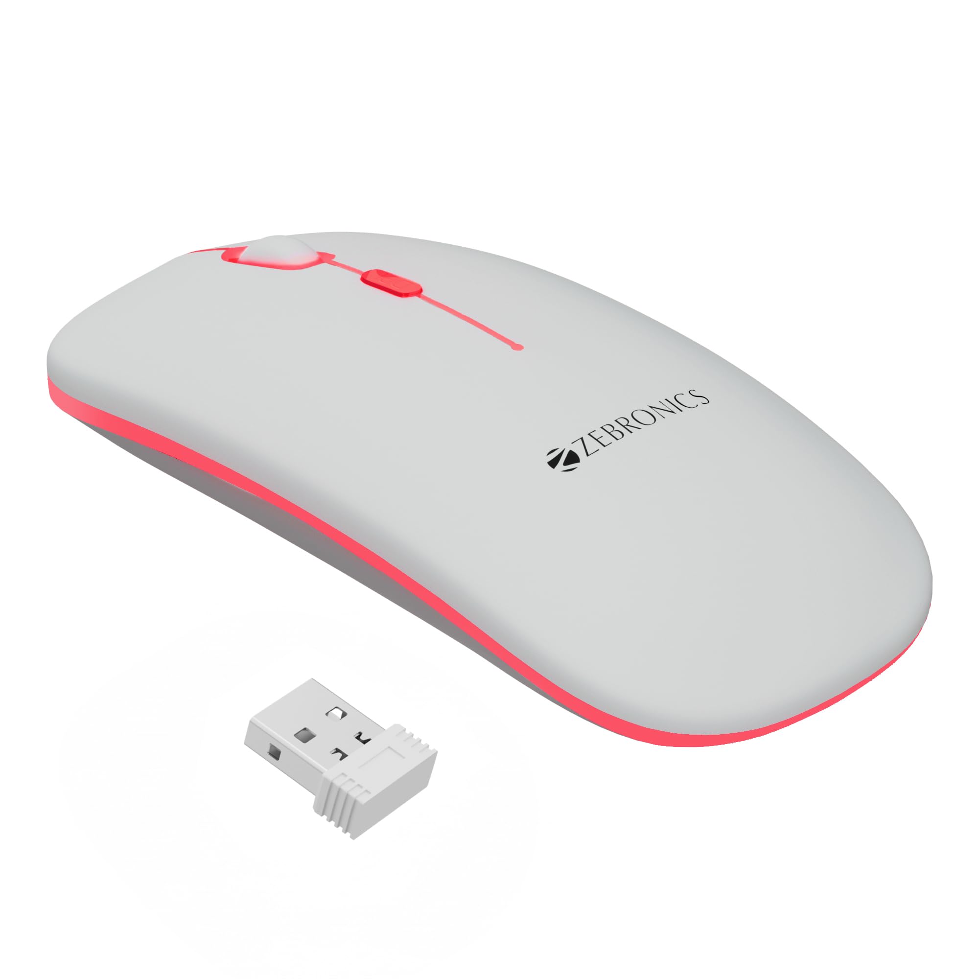 ZEBRONICS Blanc Slim Wireless Mouse with Rechargeable Battery, BT + 2.4GHz, 4 Buttons, 800/1200/1600 DPI, Silent Operation, Multicolor LED Lights