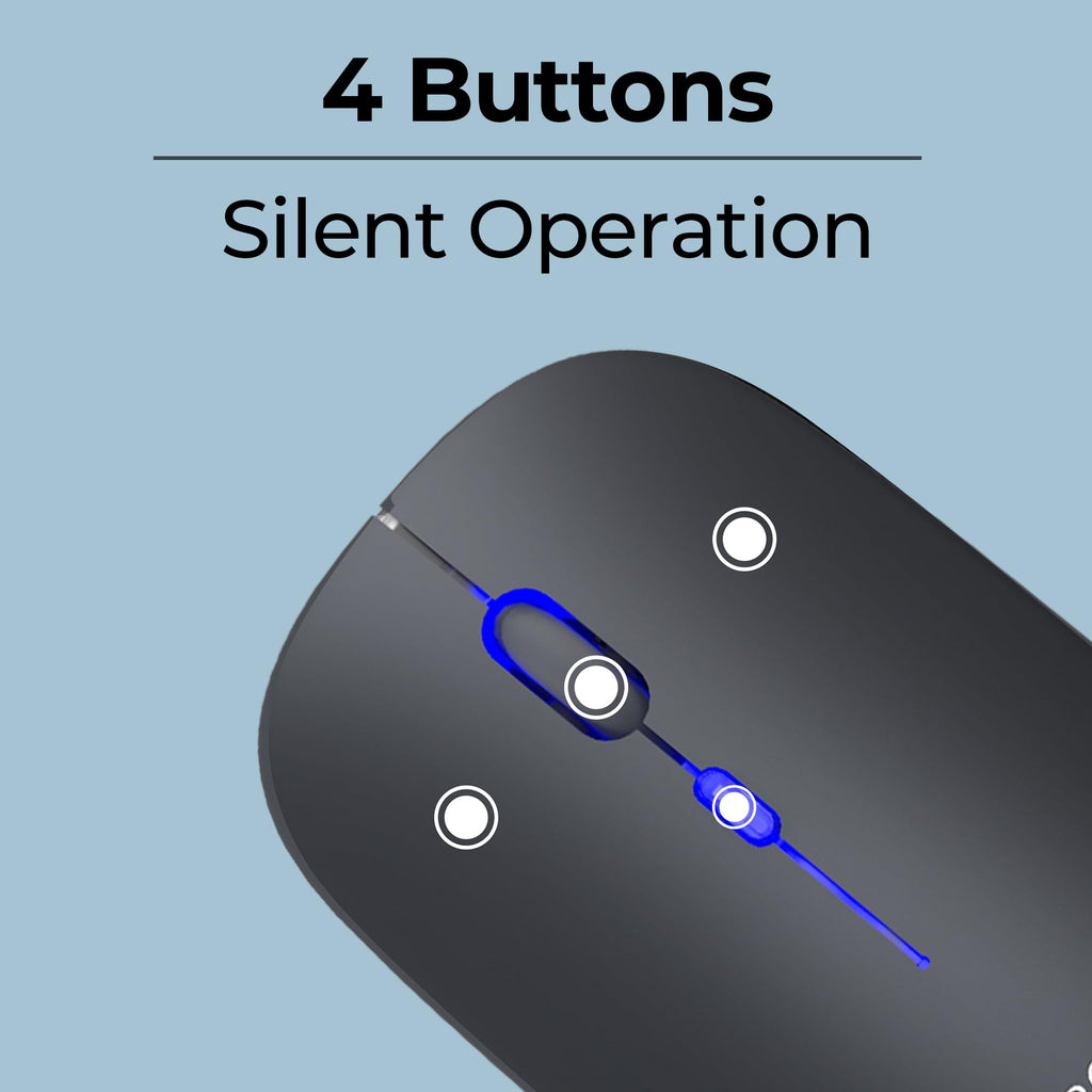 ZEBRONICS Blanc Slim Wireless Mouse with Rechargeable Battery, BT + 2.4GHz, 4 Buttons, 800/1200/1600 DPI, Silent Operation, Multicolor LED Lights