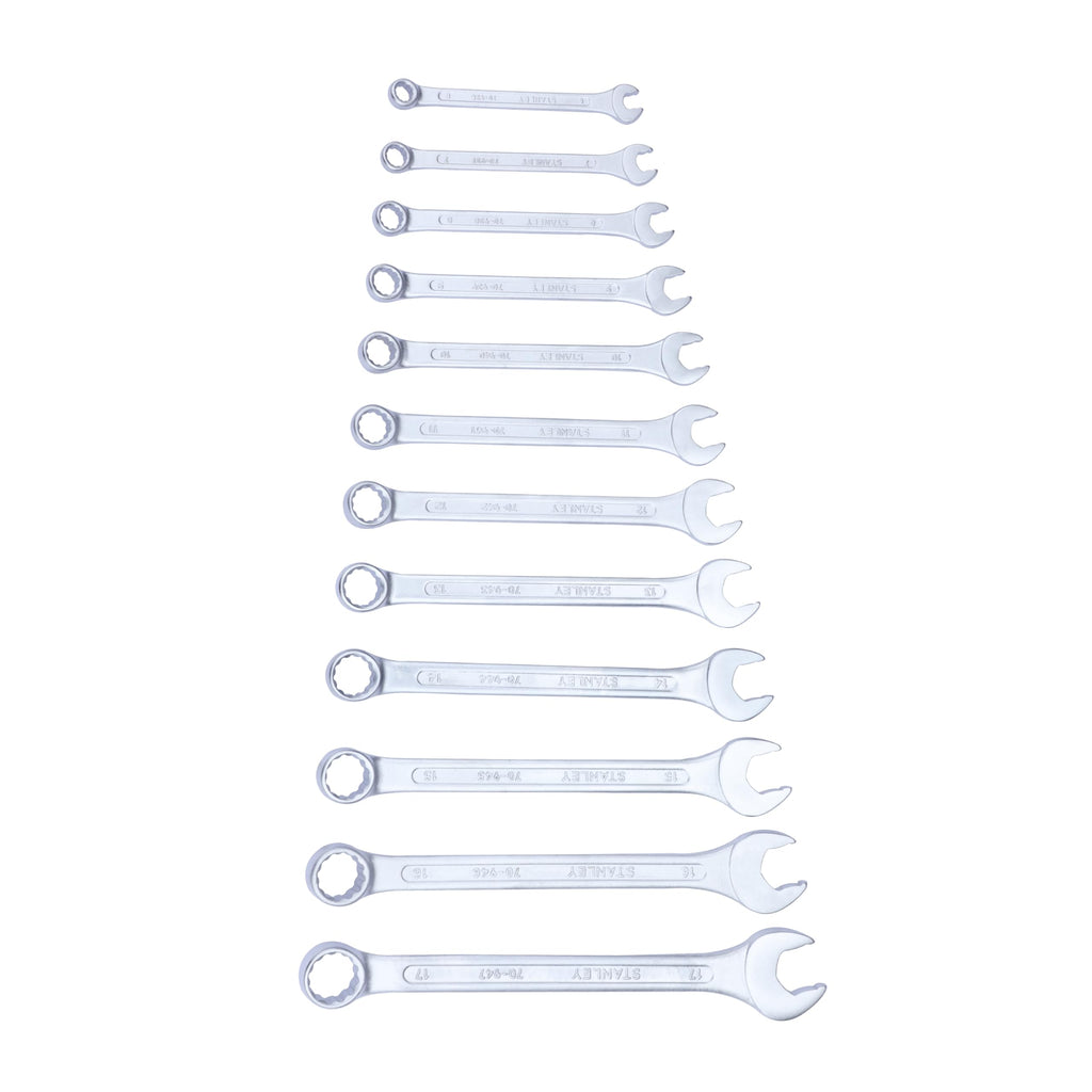 STANLEY 70-964E 12-Piece Combination Spanner Set With Maxi-Drive System, 6mm to 22mm, Chrome-Vanadium Steel, Anti-Slip Design on Open End, Anti-Rust, Matt Finish, Silver