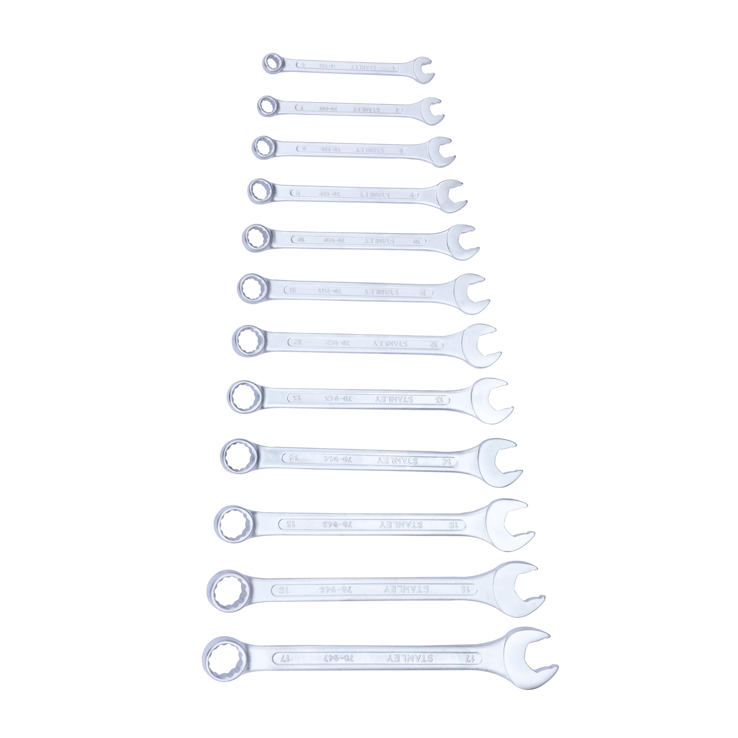 STANLEY 70-964E 12-Piece Combination Spanner Set With Maxi-Drive System, 6mm to 22mm, Chrome-Vanadium Steel, Anti-Slip Design on Open End, Anti-Rust, Matt Finish, Silver