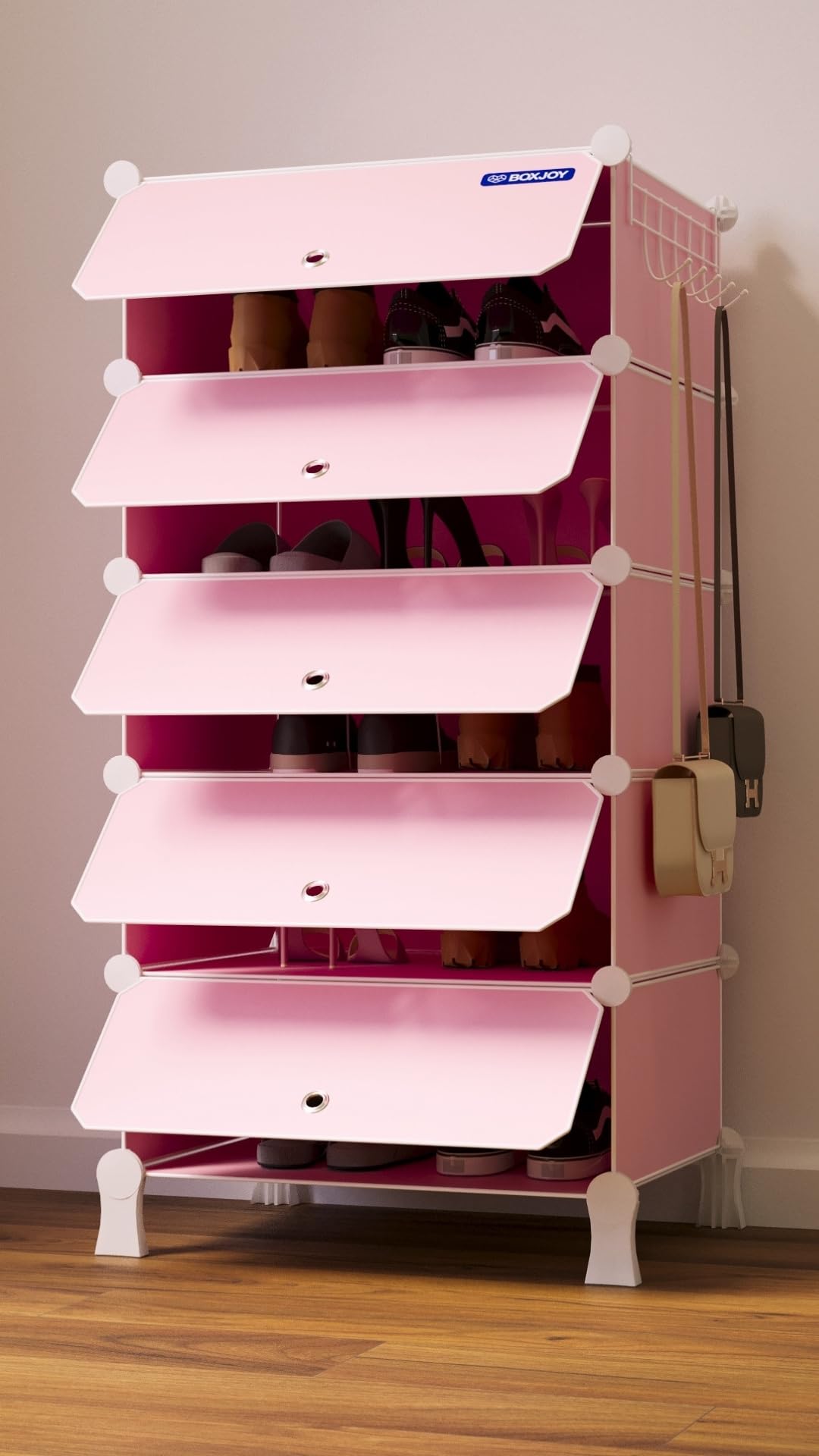 BOXJOY 6 Shelf Black Shoe Rack with 3 Brown Doors & Steel Holder | Hard PET Plastic Door with Metal Frame & Wooden Hammer, Home Shoes Stand Organiser with Feet to Cover Sandals Chappal Slipper