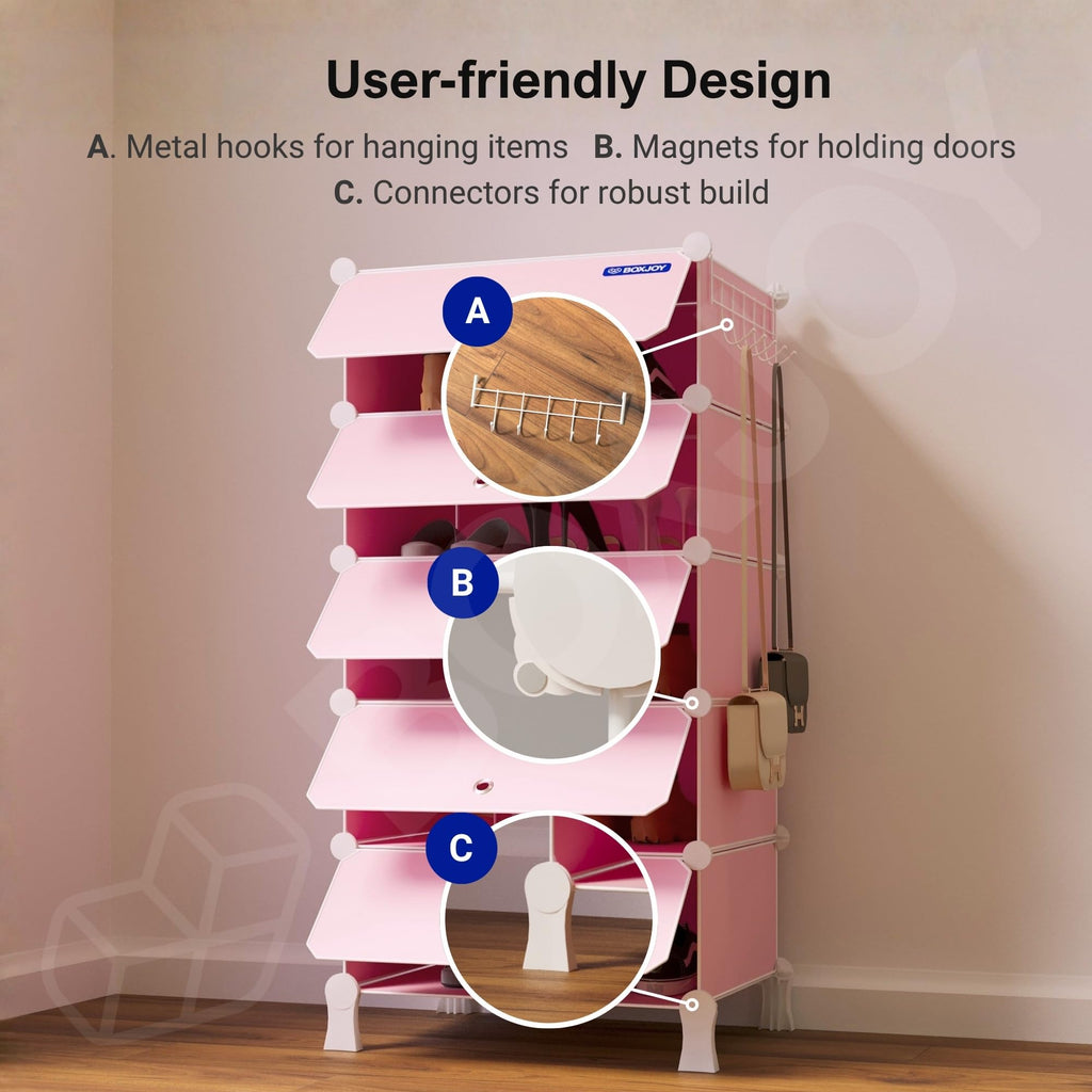 BOXJOY 6 Shelf Black Shoe Rack with 3 Brown Doors & Steel Holder | Hard PET Plastic Door with Metal Frame & Wooden Hammer, Home Shoes Stand Organiser with Feet to Cover Sandals Chappal Slipper