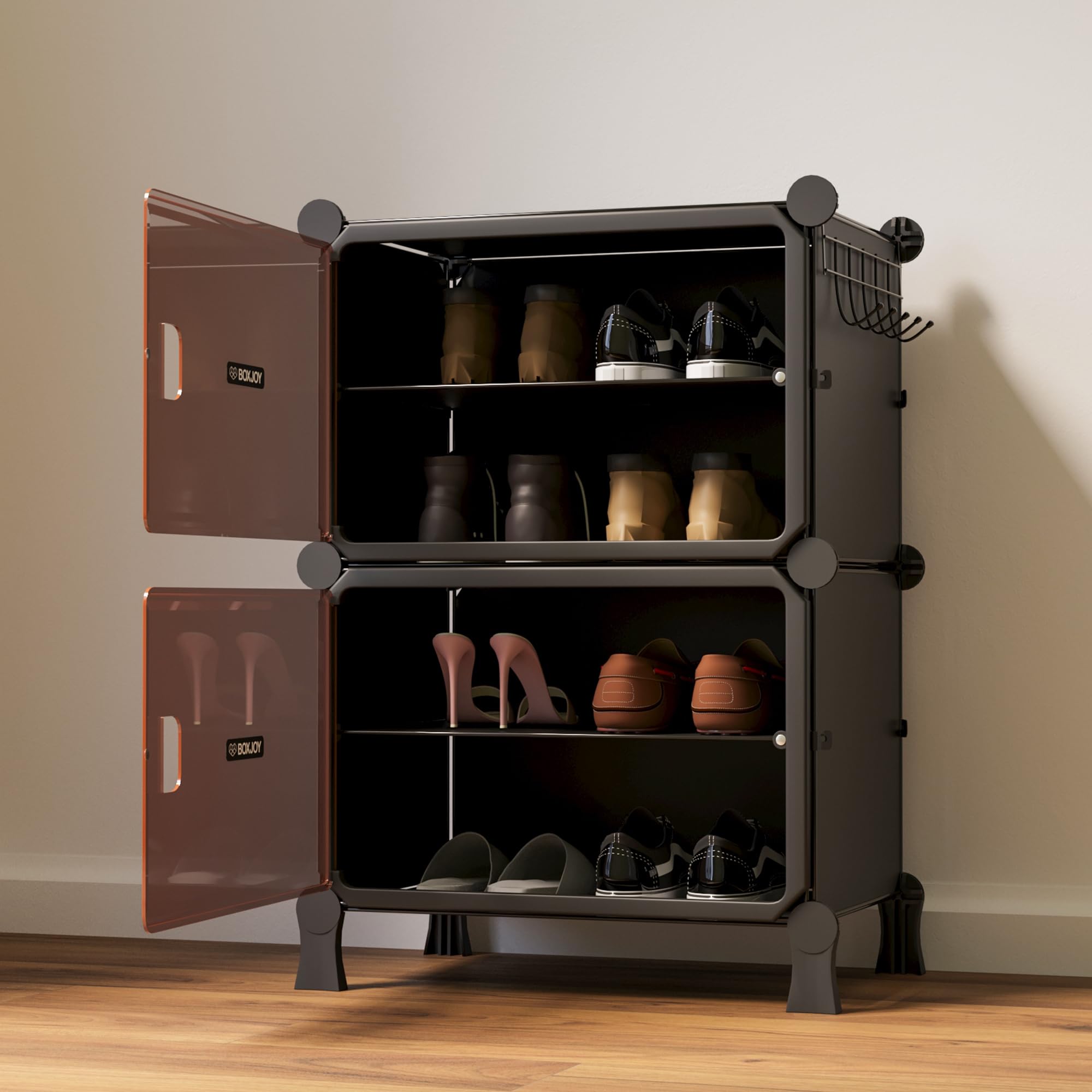BOXJOY 6 Shelf Black Shoe Rack with 3 Brown Doors & Steel Holder | Hard PET Plastic Door with Metal Frame & Wooden Hammer, Home Shoes Stand Organiser with Feet to Cover Sandals Chappal Slipper