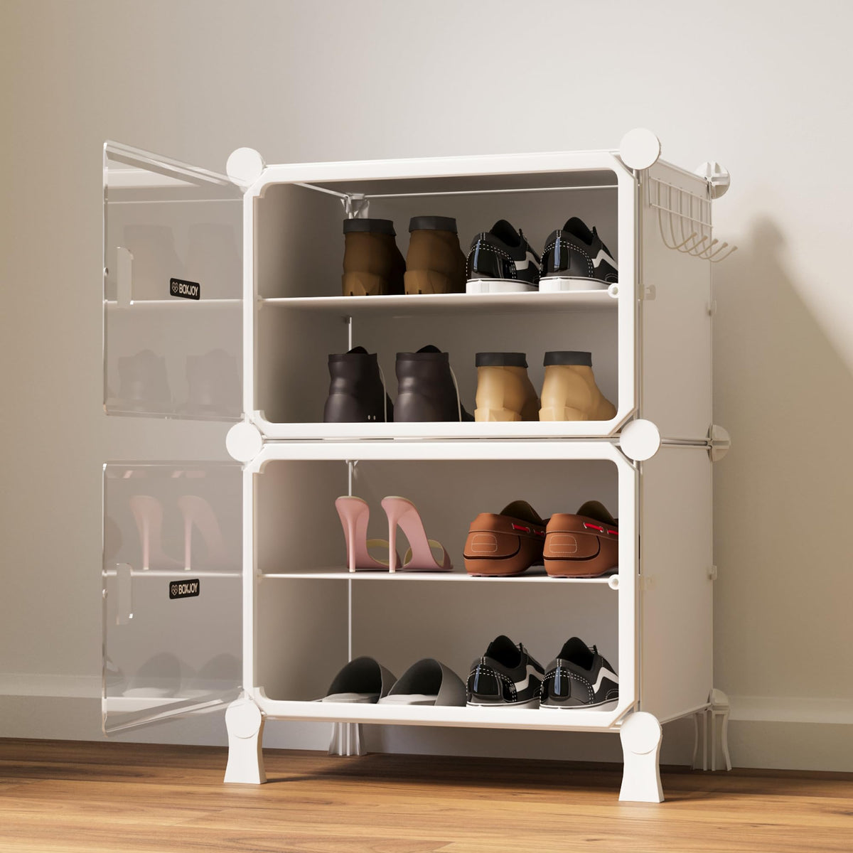 BOXJOY 6 Shelf Black Shoe Rack with 3 Brown Doors & Steel Holder | Hard PET Plastic Door with Metal Frame & Wooden Hammer, Home Shoes Stand Organiser with Feet to Cover Sandals Chappal Slipper