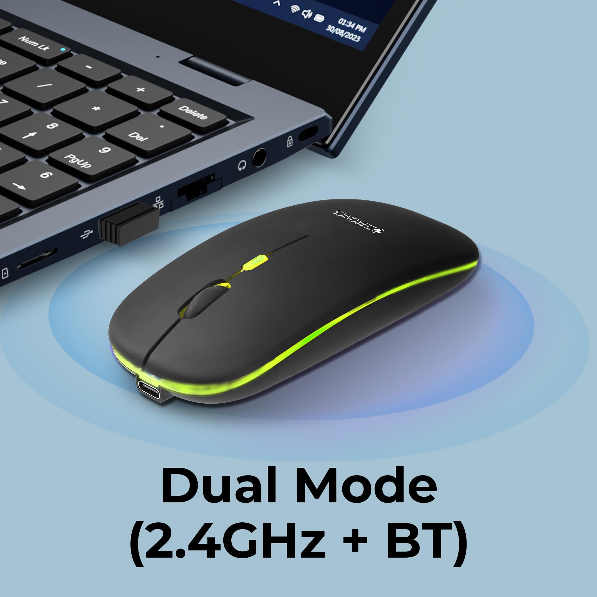 ZEBRONICS Blanc Slim Wireless Mouse with Rechargeable Battery, BT + 2.4GHz, 4 Buttons, 800/1200/1600 DPI, Silent Operation, Multicolor LED Lights
