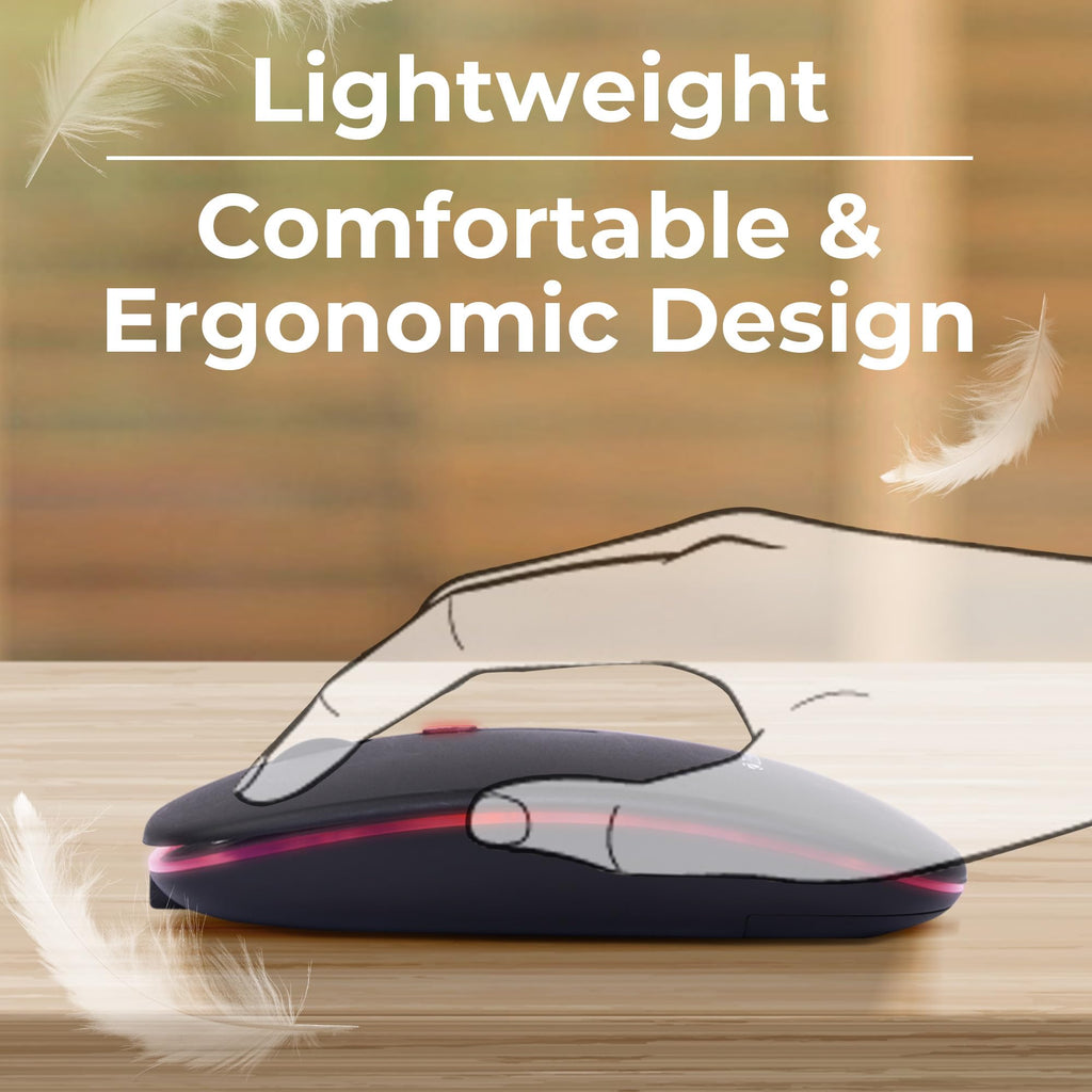 ZEBRONICS Blanc Slim Wireless Mouse with Rechargeable Battery, BT + 2.4GHz, 4 Buttons, 800/1200/1600 DPI, Silent Operation, Multicolor LED Lights