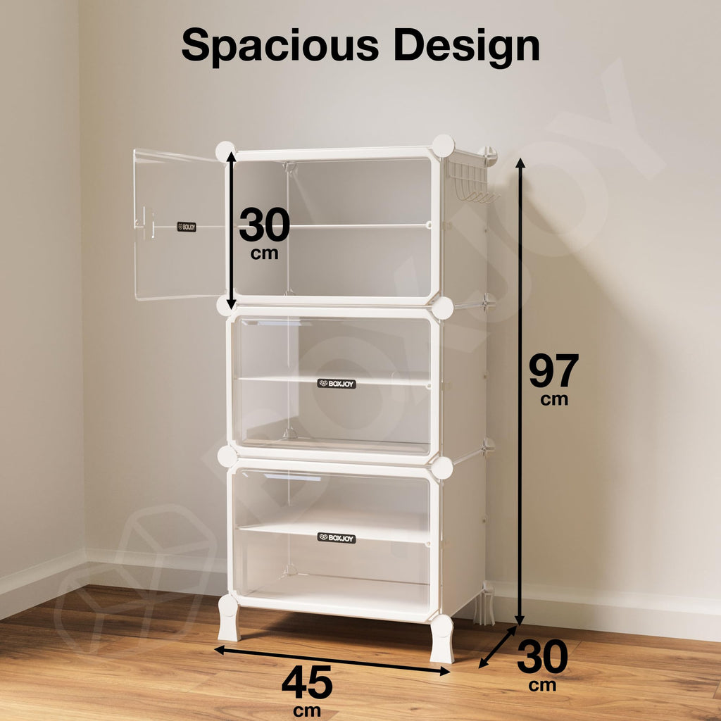BOXJOY 6 Shelf Black Shoe Rack with 3 Brown Doors & Steel Holder | Hard PET Plastic Door with Metal Frame & Wooden Hammer, Home Shoes Stand Organiser with Feet to Cover Sandals Chappal Slipper