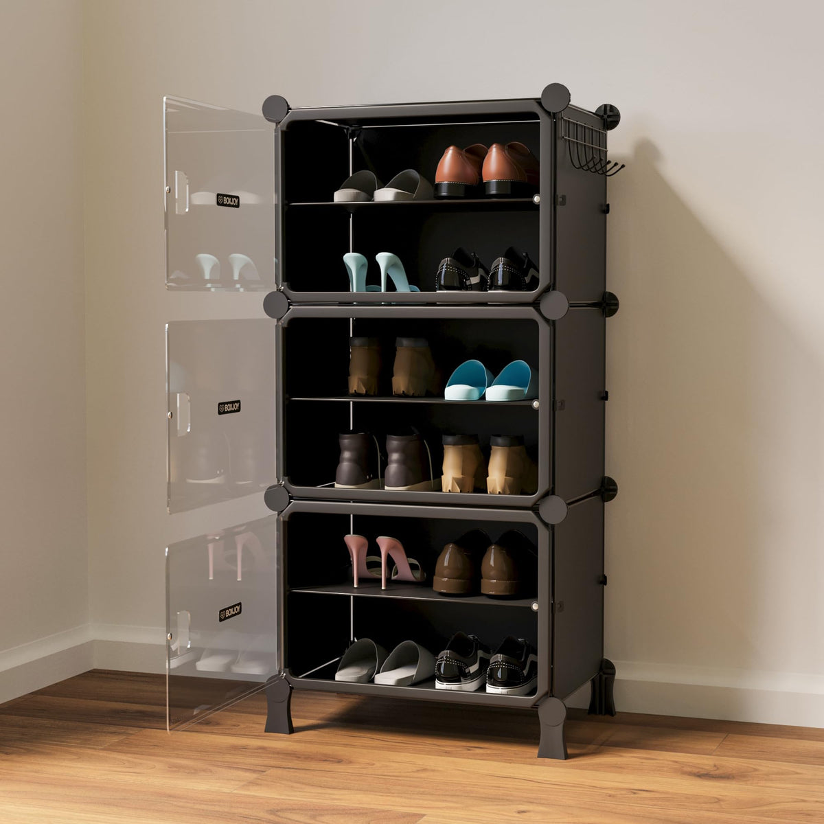 BOXJOY 6 Shelf Black Shoe Rack with 3 Brown Doors & Steel Holder | Hard PET Plastic Door with Metal Frame & Wooden Hammer, Home Shoes Stand Organiser with Feet to Cover Sandals Chappal Slipper