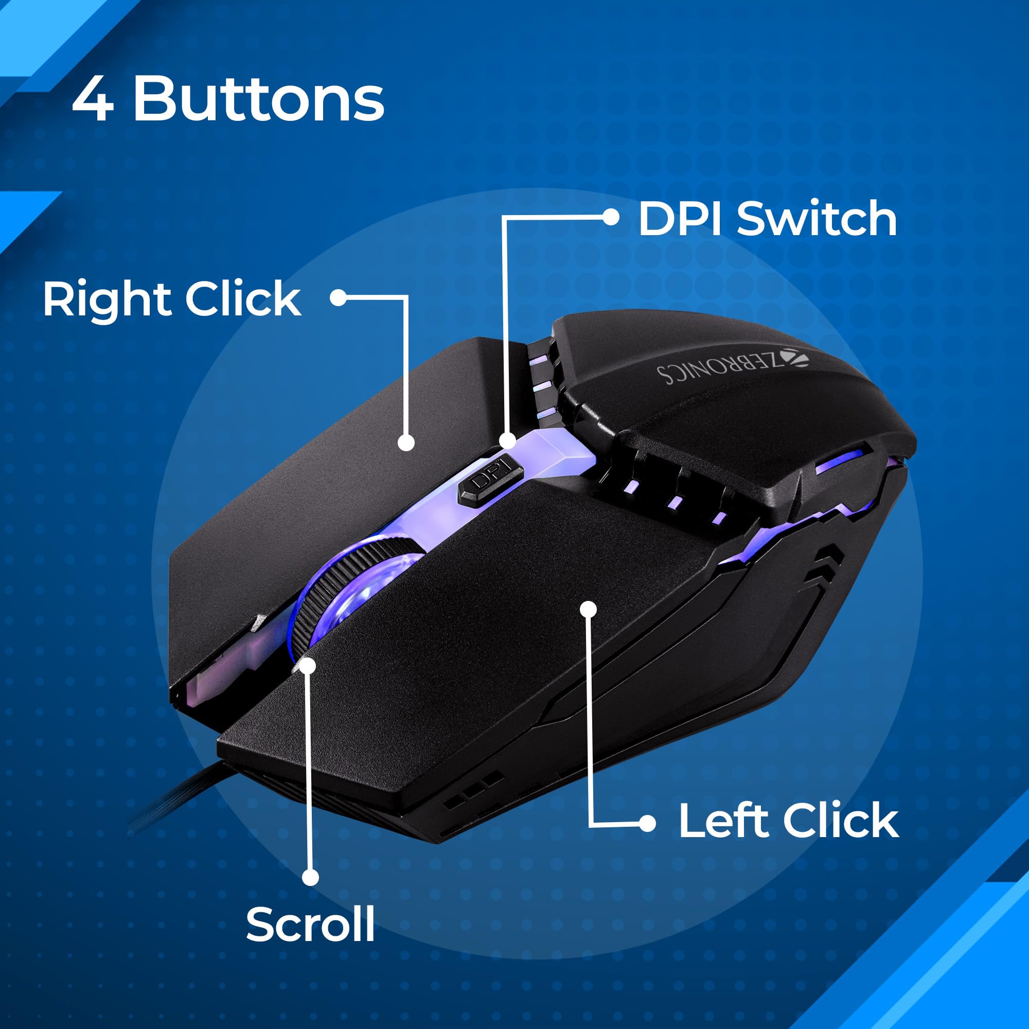 ZEBRONICS Blanc Slim Wireless Mouse with Rechargeable Battery, BT + 2.4GHz, 4 Buttons, 800/1200/1600 DPI, Silent Operation, Multicolor LED Lights