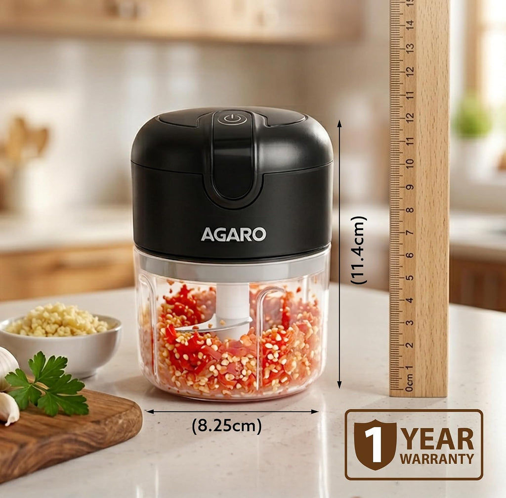 AGARO Elite Rechargeable Mini Electric Chopper, Food Grade Bowl, Stainless Steel Blades, Rechargeable, One Touch Operation, for Chopping Garlic, Ginger, Onion, Vegetable, Nuts, 250 Ml, Black