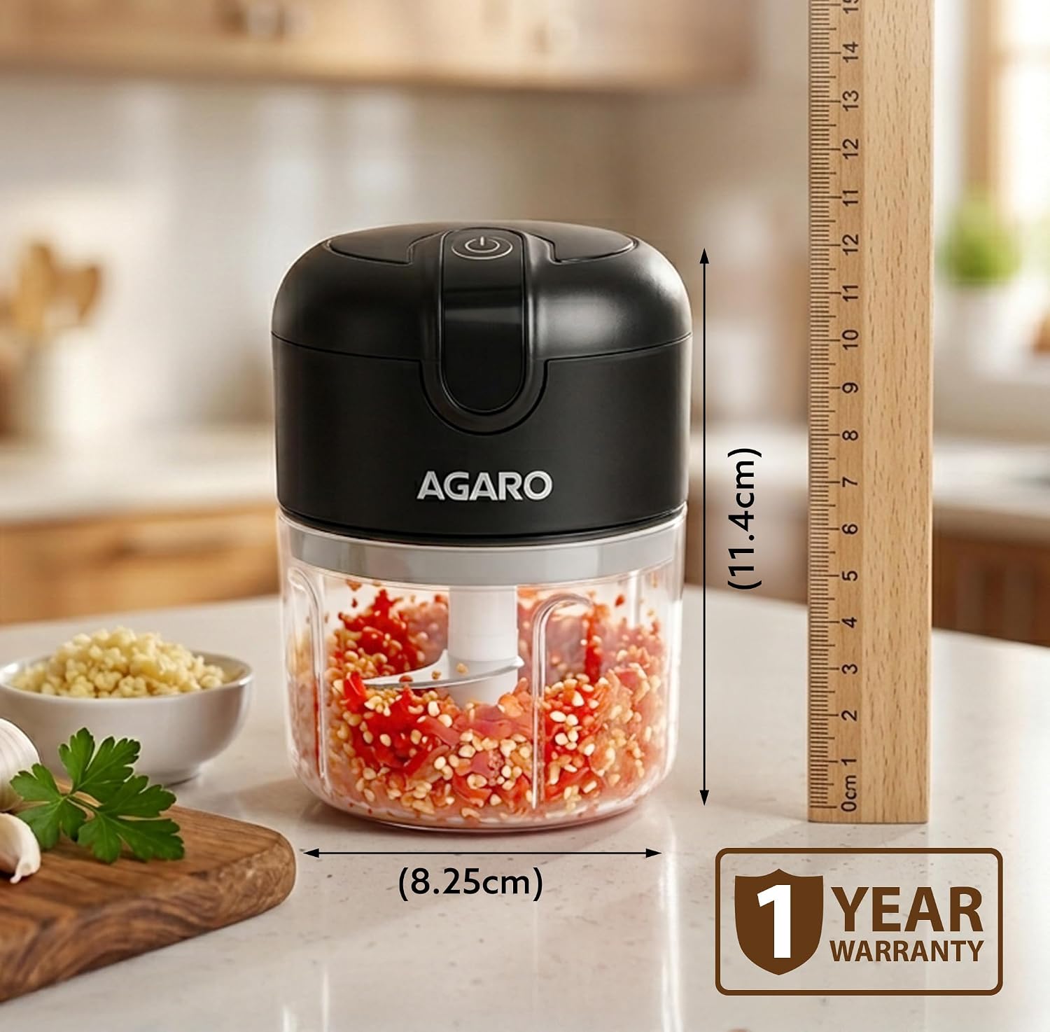 AGARO Elite Rechargeable Mini Electric Chopper, Food Grade Bowl, Stainless Steel Blades, Rechargeable, One Touch Operation, for Chopping Garlic, Ginger, Onion, Vegetable, Nuts, 250 Ml, Black