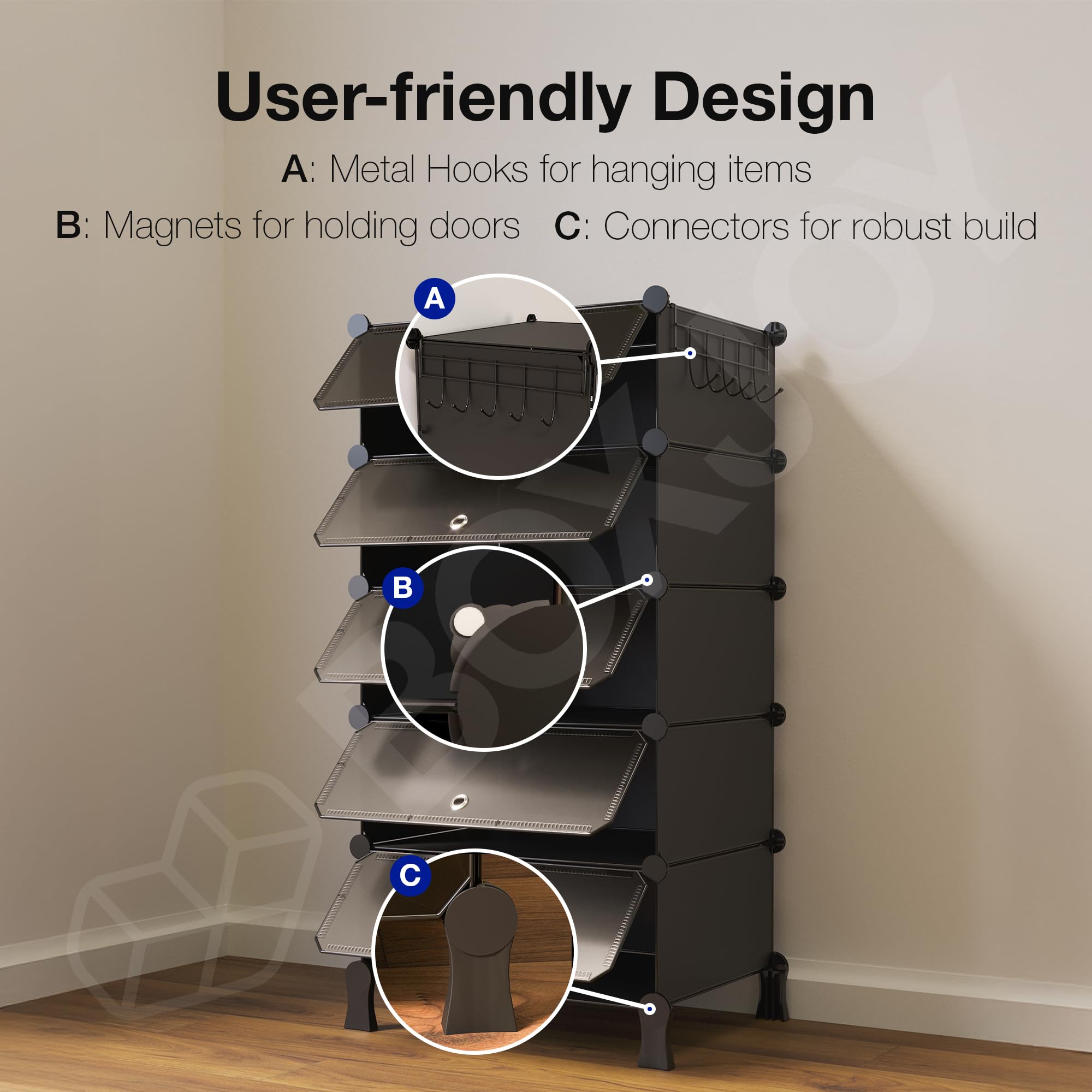 BOXJOY 6 Shelf Black Shoe Rack with 3 Brown Doors & Steel Holder | Hard PET Plastic Door with Metal Frame & Wooden Hammer, Home Shoes Stand Organiser with Feet to Cover Sandals Chappal Slipper