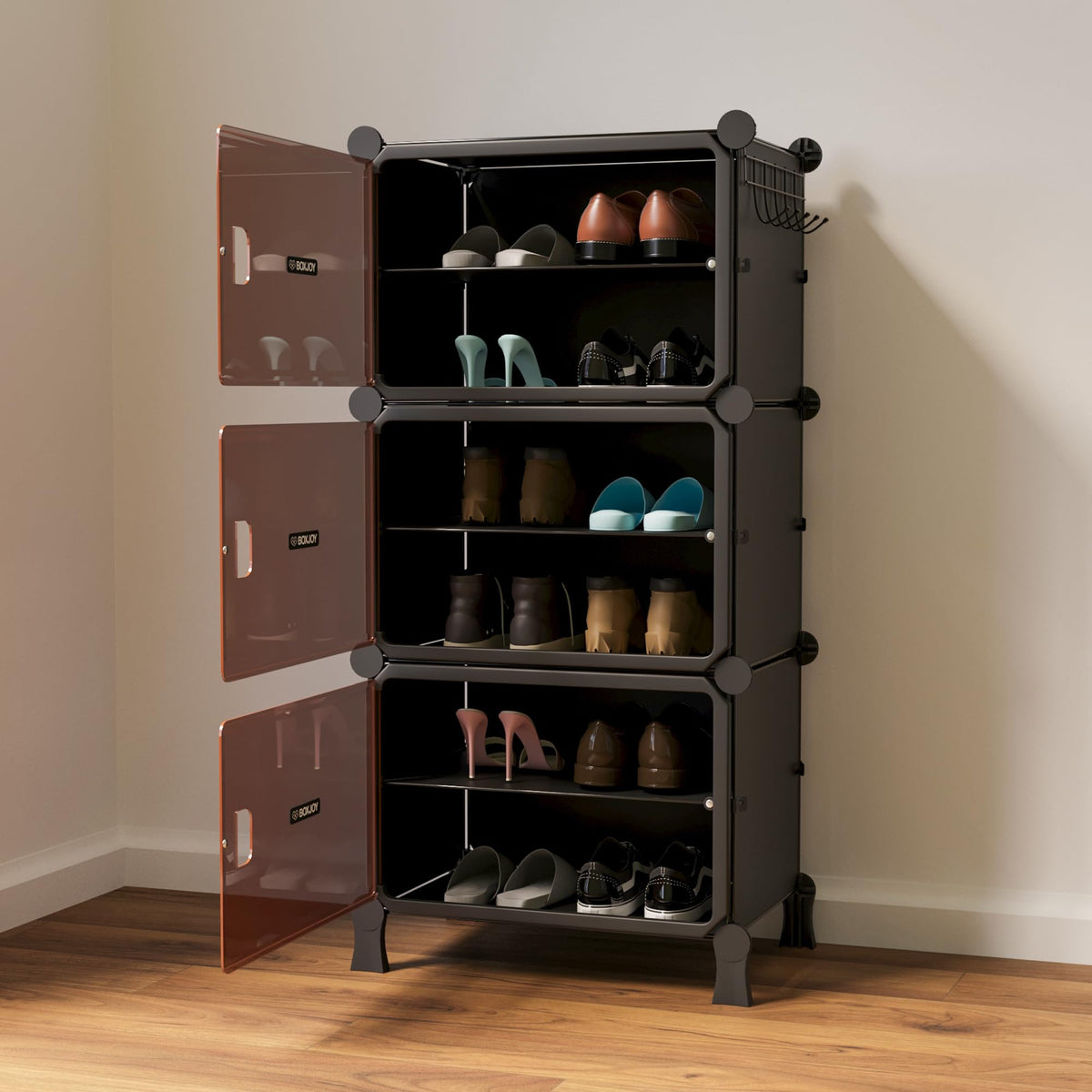 BOXJOY 6 Shelf Black Shoe Rack with 3 Brown Doors & Steel Holder | Hard PET Plastic Door with Metal Frame & Wooden Hammer, Home Shoes Stand Organiser with Feet to Cover Sandals Chappal Slipper