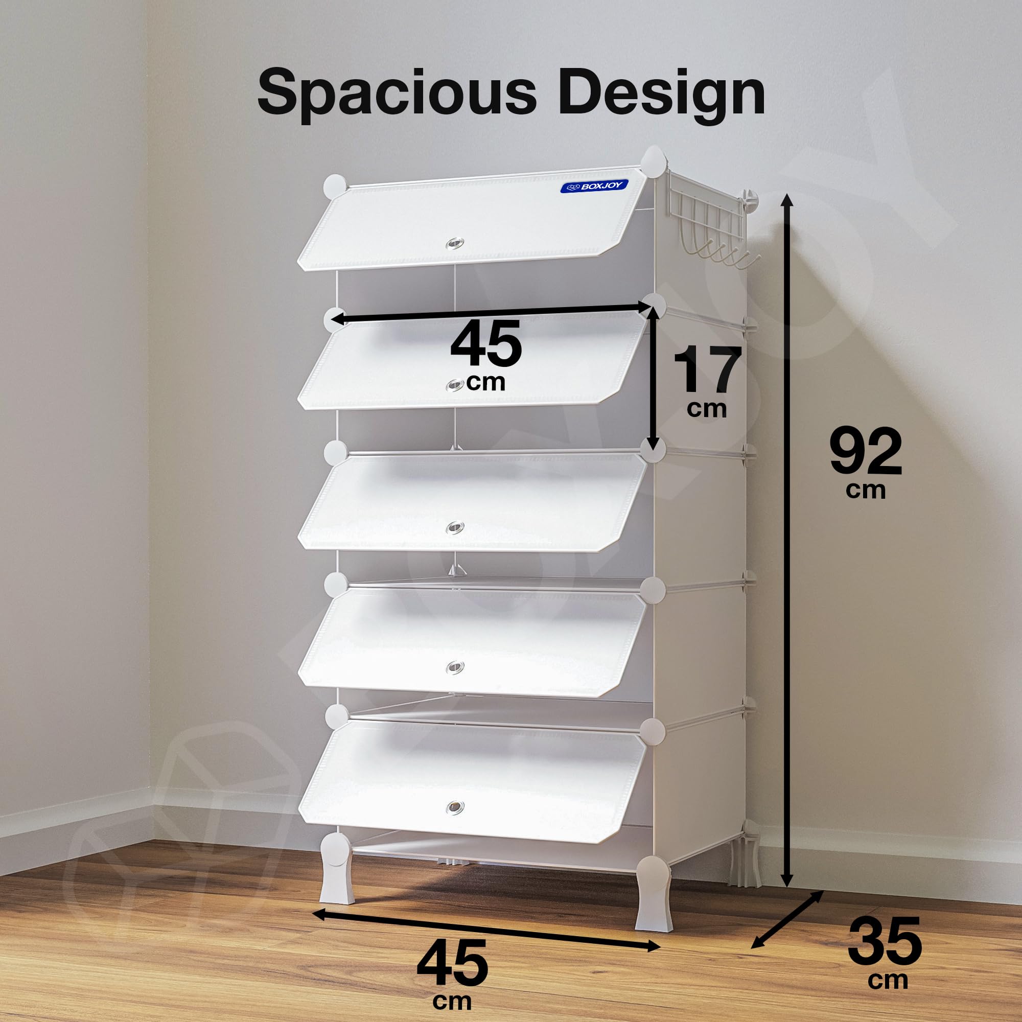 BOXJOY 6 Shelf Black Shoe Rack with 3 Brown Doors & Steel Holder | Hard PET Plastic Door with Metal Frame & Wooden Hammer, Home Shoes Stand Organiser with Feet to Cover Sandals Chappal Slipper
