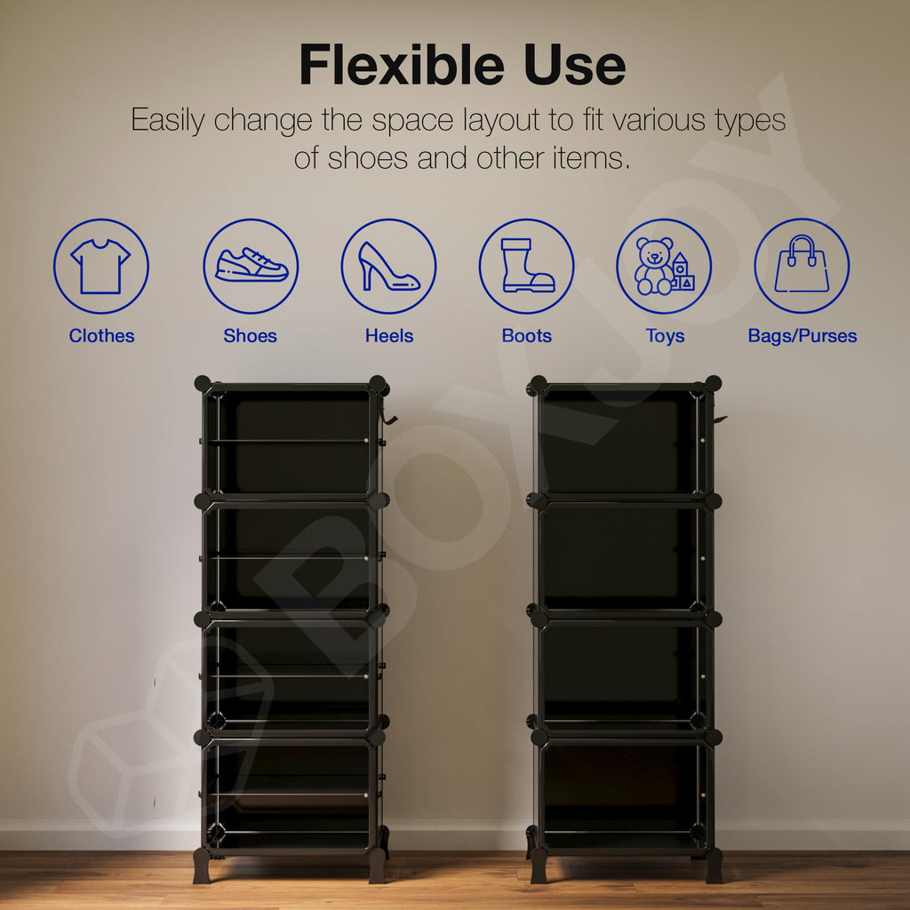 BOXJOY 6 Shelf Black Shoe Rack with 3 Brown Doors & Steel Holder | Hard PET Plastic Door with Metal Frame & Wooden Hammer, Home Shoes Stand Organiser with Feet to Cover Sandals Chappal Slipper