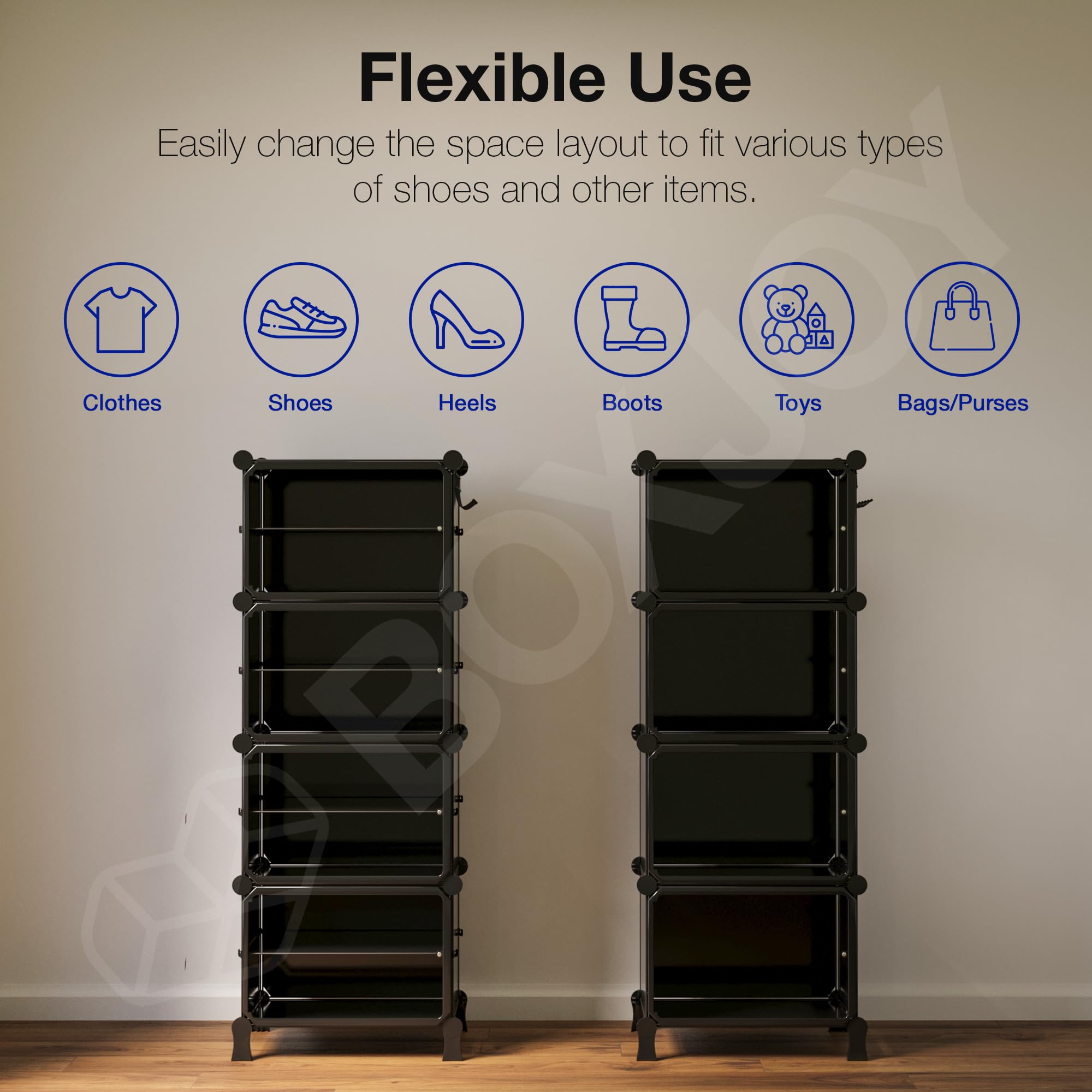 BOXJOY 6 Shelf Black Shoe Rack with 3 Brown Doors & Steel Holder | Hard PET Plastic Door with Metal Frame & Wooden Hammer, Home Shoes Stand Organiser with Feet to Cover Sandals Chappal Slipper