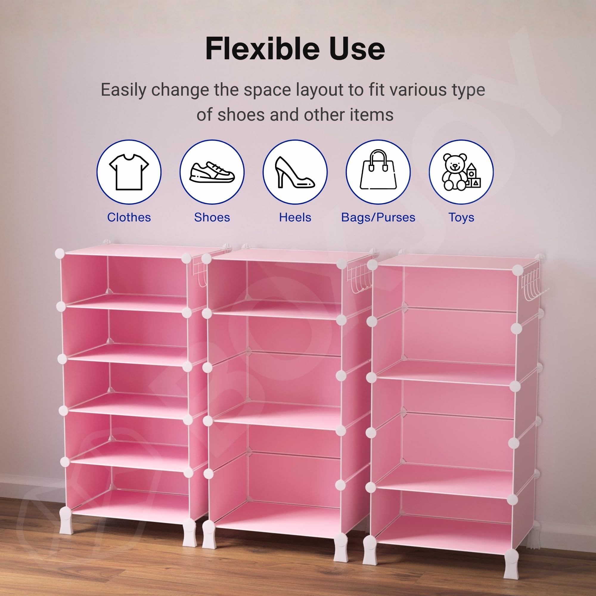 BOXJOY 6 Shelf Black Shoe Rack with 3 Brown Doors & Steel Holder | Hard PET Plastic Door with Metal Frame & Wooden Hammer, Home Shoes Stand Organiser with Feet to Cover Sandals Chappal Slipper