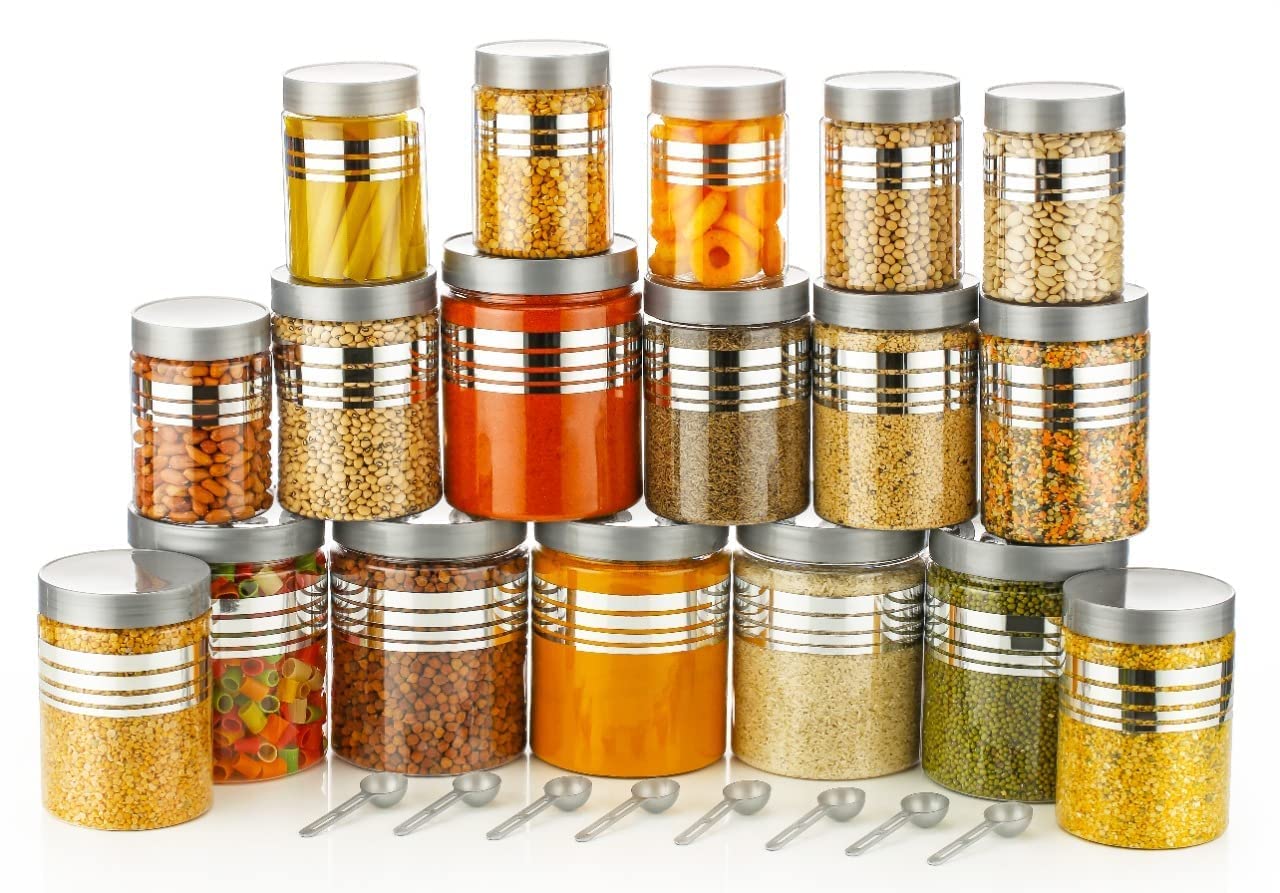 E-COSMOS® Durable 24-Piece Airtight Kitchen Storage Containers - Clear Plastic Set with Free Spoons in Various Sizes (1200ml, 650ml, 350ml, 250ml) Pack Of, Clear (Pack Of 24)
