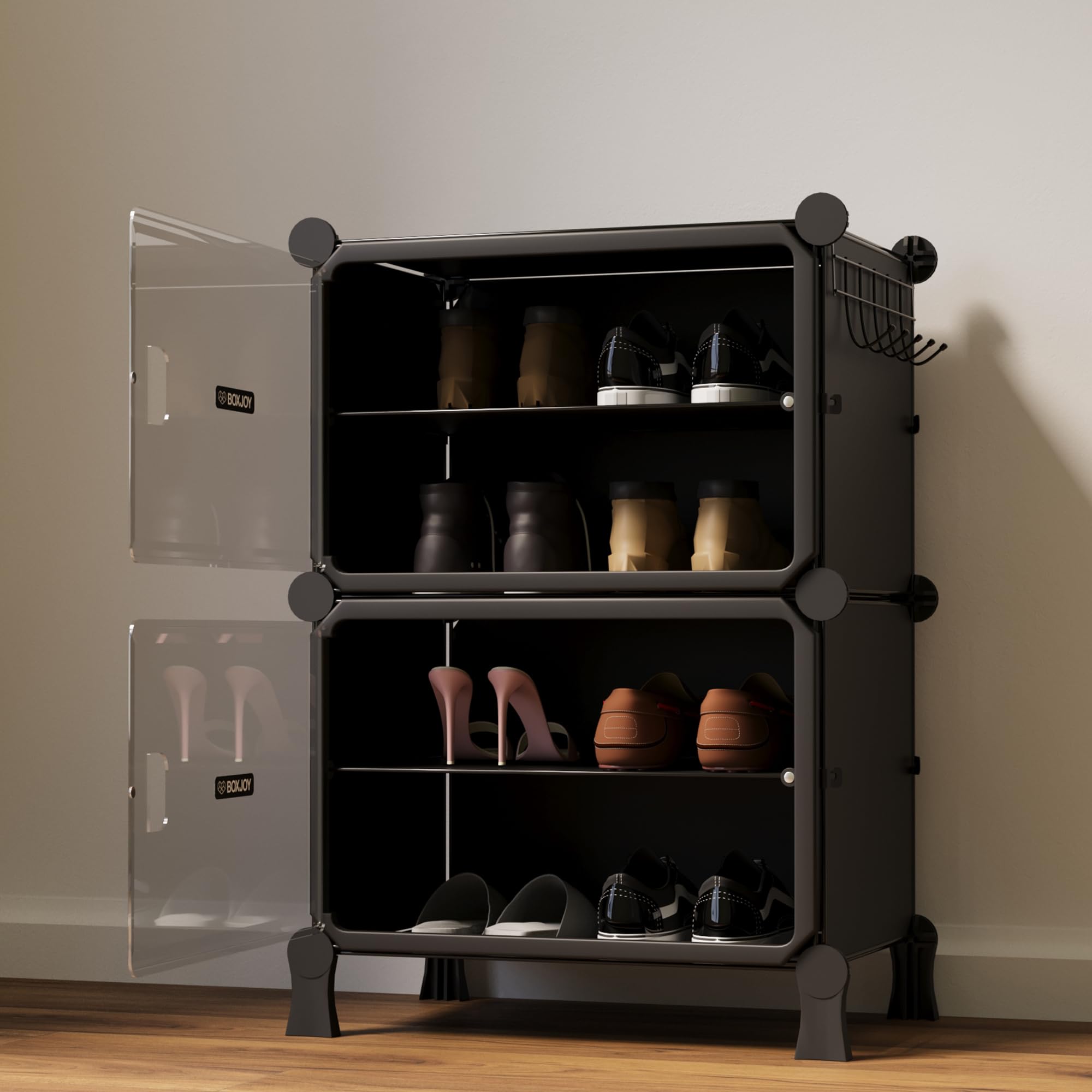 BOXJOY 6 Shelf Black Shoe Rack with 3 Brown Doors & Steel Holder | Hard PET Plastic Door with Metal Frame & Wooden Hammer, Home Shoes Stand Organiser with Feet to Cover Sandals Chappal Slipper