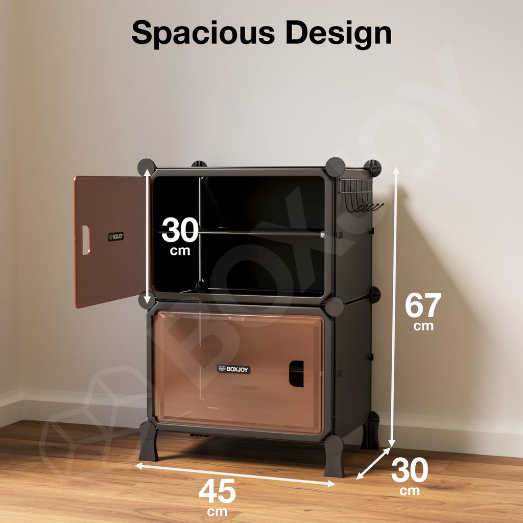 BOXJOY 6 Shelf Black Shoe Rack with 3 Brown Doors & Steel Holder | Hard PET Plastic Door with Metal Frame & Wooden Hammer, Home Shoes Stand Organiser with Feet to Cover Sandals Chappal Slipper