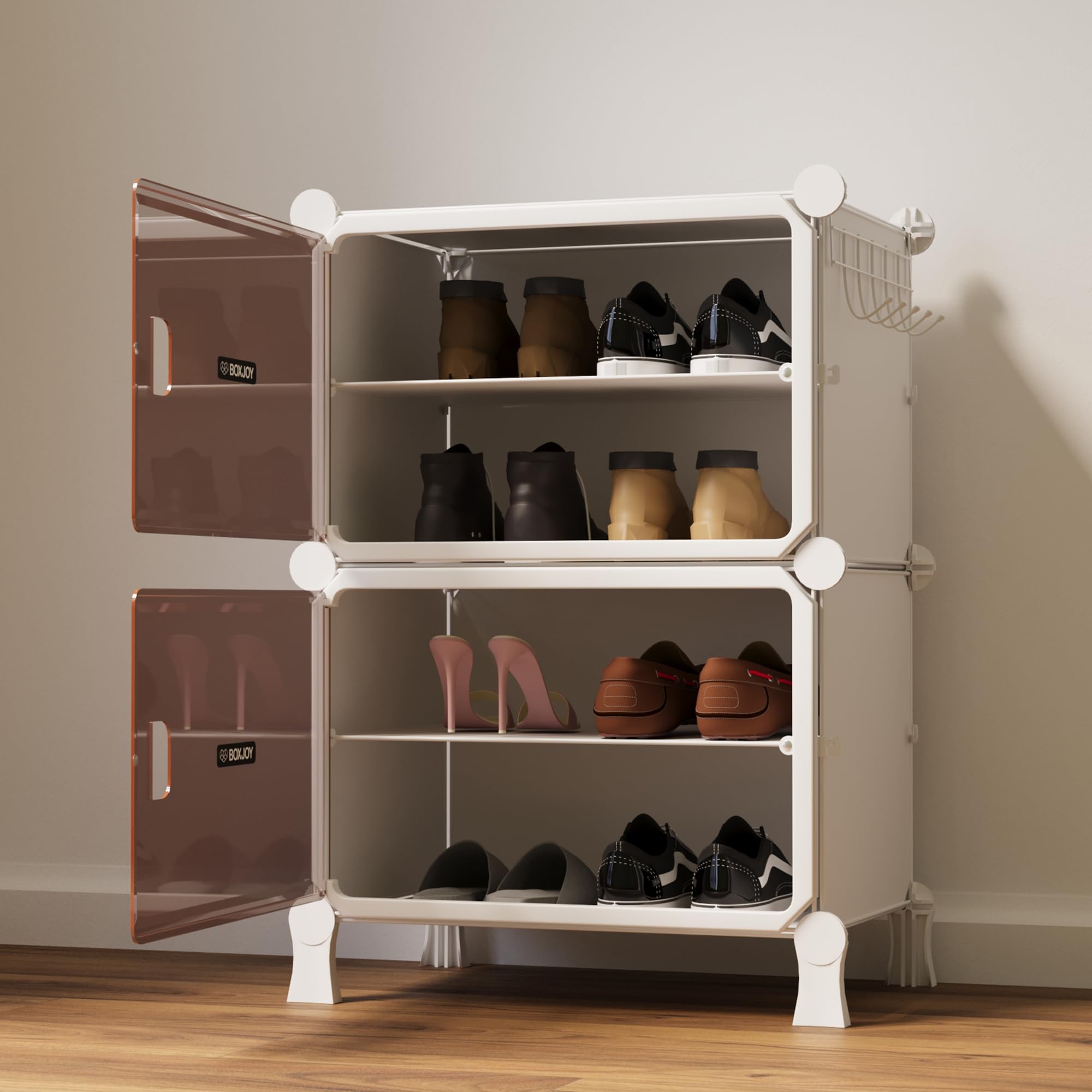 BOXJOY 6 Shelf Black Shoe Rack with 3 Brown Doors & Steel Holder | Hard PET Plastic Door with Metal Frame & Wooden Hammer, Home Shoes Stand Organiser with Feet to Cover Sandals Chappal Slipper