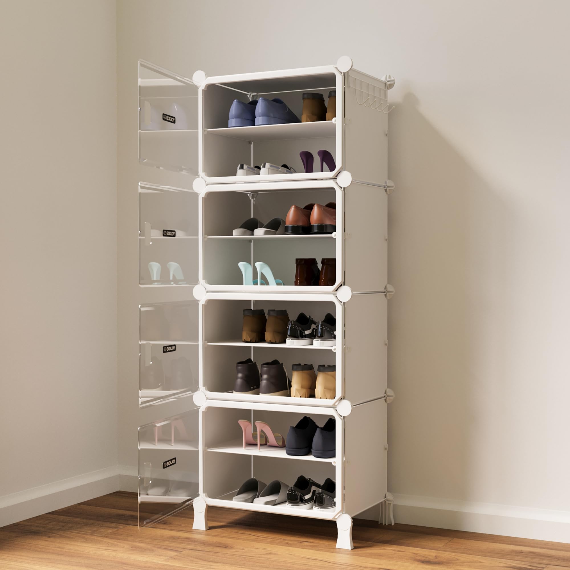 BOXJOY 6 Shelf Black Shoe Rack with 3 Brown Doors & Steel Holder | Hard PET Plastic Door with Metal Frame & Wooden Hammer, Home Shoes Stand Organiser with Feet to Cover Sandals Chappal Slipper