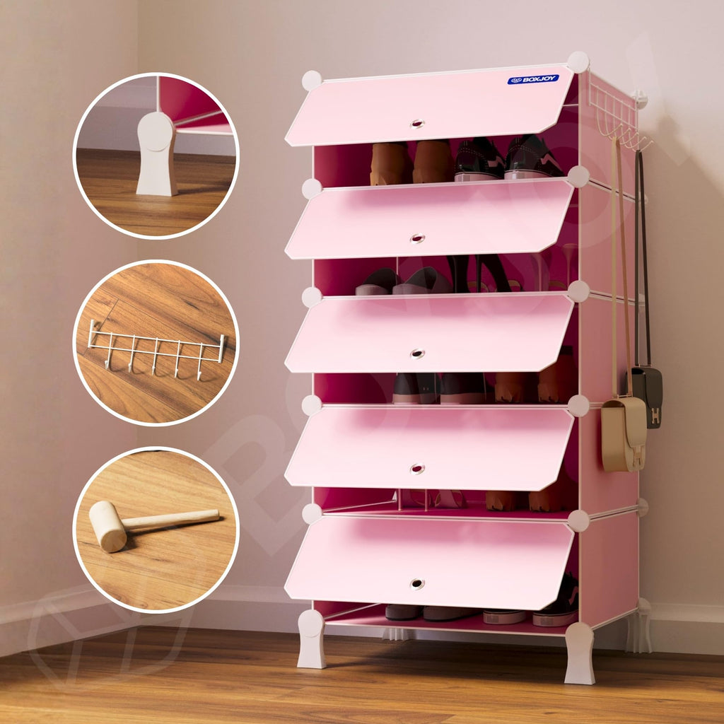 BOXJOY 6 Shelf Black Shoe Rack with 3 Brown Doors & Steel Holder | Hard PET Plastic Door with Metal Frame & Wooden Hammer, Home Shoes Stand Organiser with Feet to Cover Sandals Chappal Slipper