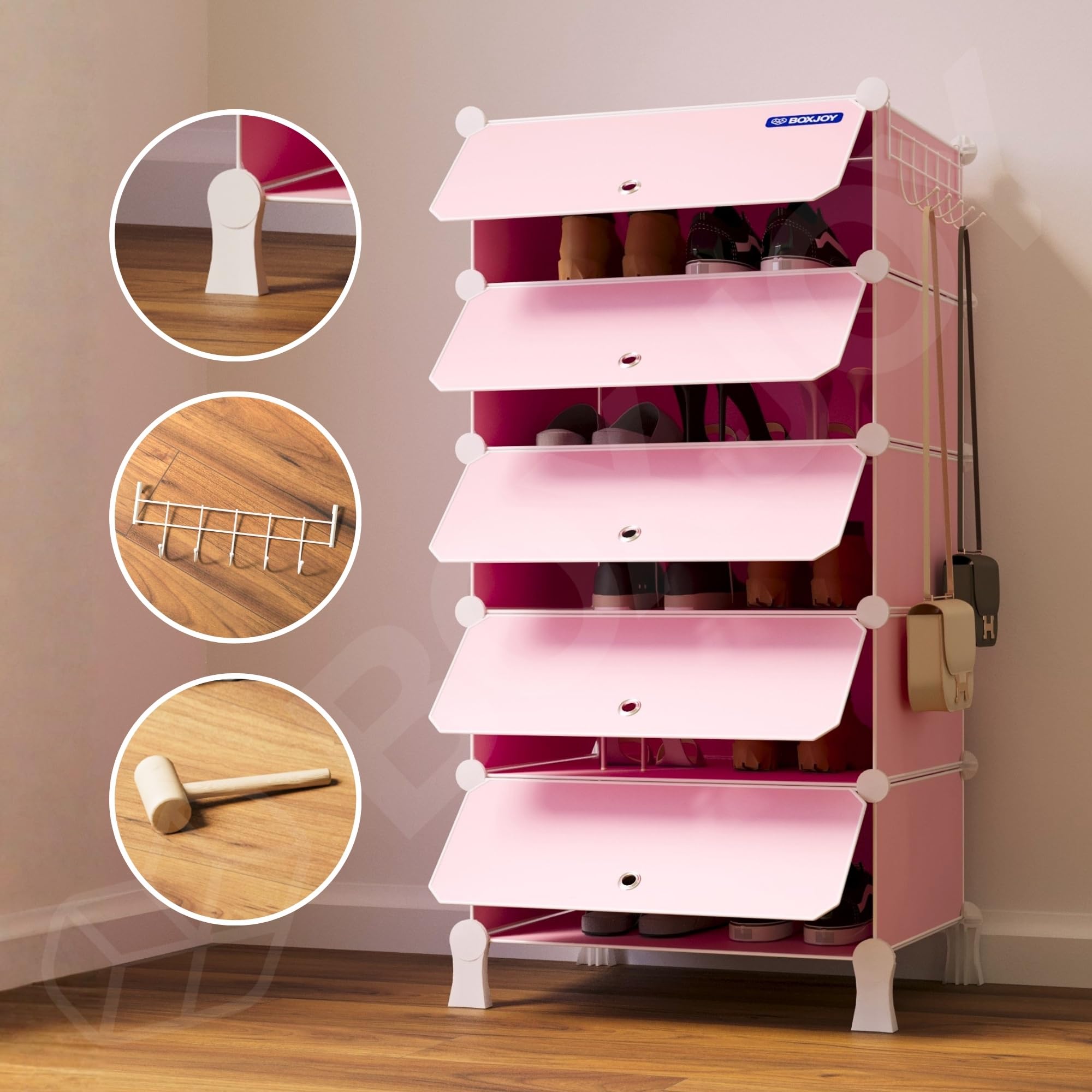 BOXJOY 6 Shelf Black Shoe Rack with 3 Brown Doors & Steel Holder | Hard PET Plastic Door with Metal Frame & Wooden Hammer, Home Shoes Stand Organiser with Feet to Cover Sandals Chappal Slipper