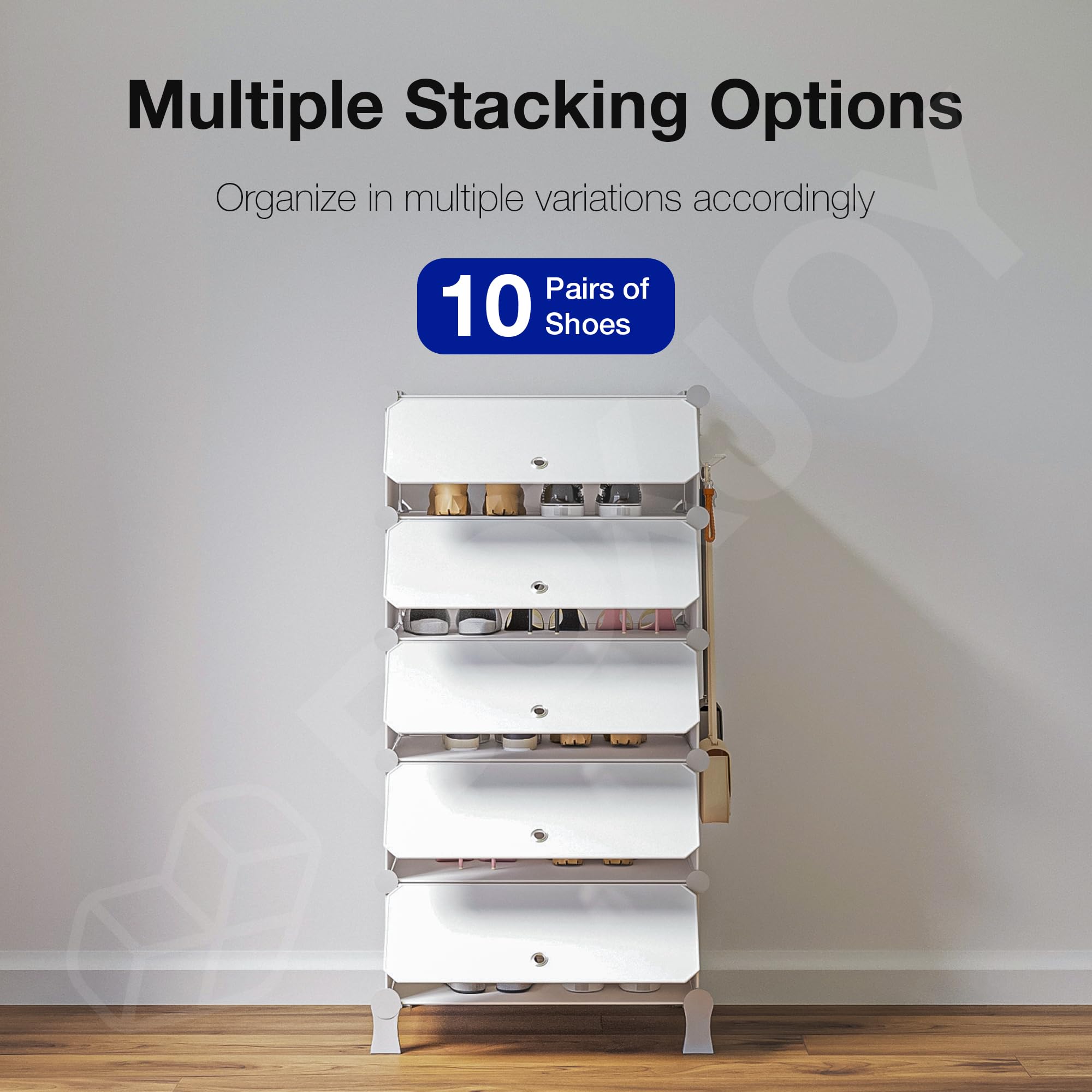 BOXJOY 6 Shelf Black Shoe Rack with 3 Brown Doors & Steel Holder | Hard PET Plastic Door with Metal Frame & Wooden Hammer, Home Shoes Stand Organiser with Feet to Cover Sandals Chappal Slipper