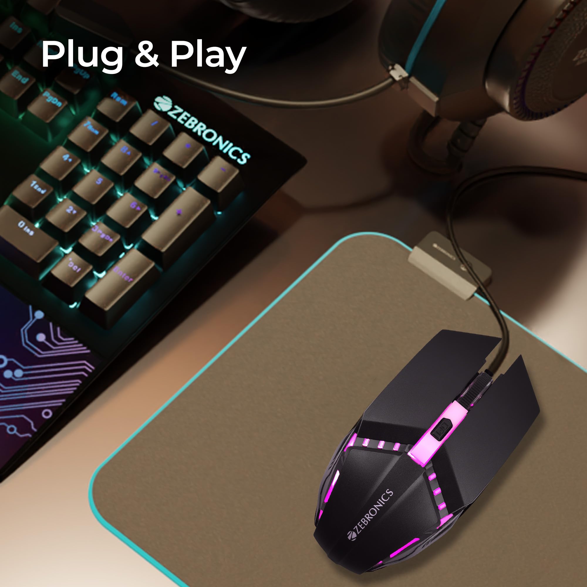 ZEBRONICS Blanc Slim Wireless Mouse with Rechargeable Battery, BT + 2.4GHz, 4 Buttons, 800/1200/1600 DPI, Silent Operation, Multicolor LED Lights