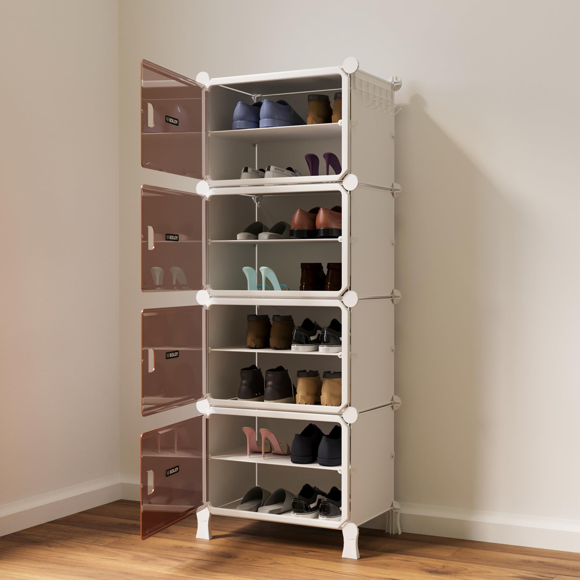 BOXJOY 6 Shelf Black Shoe Rack with 3 Brown Doors & Steel Holder | Hard PET Plastic Door with Metal Frame & Wooden Hammer, Home Shoes Stand Organiser with Feet to Cover Sandals Chappal Slipper
