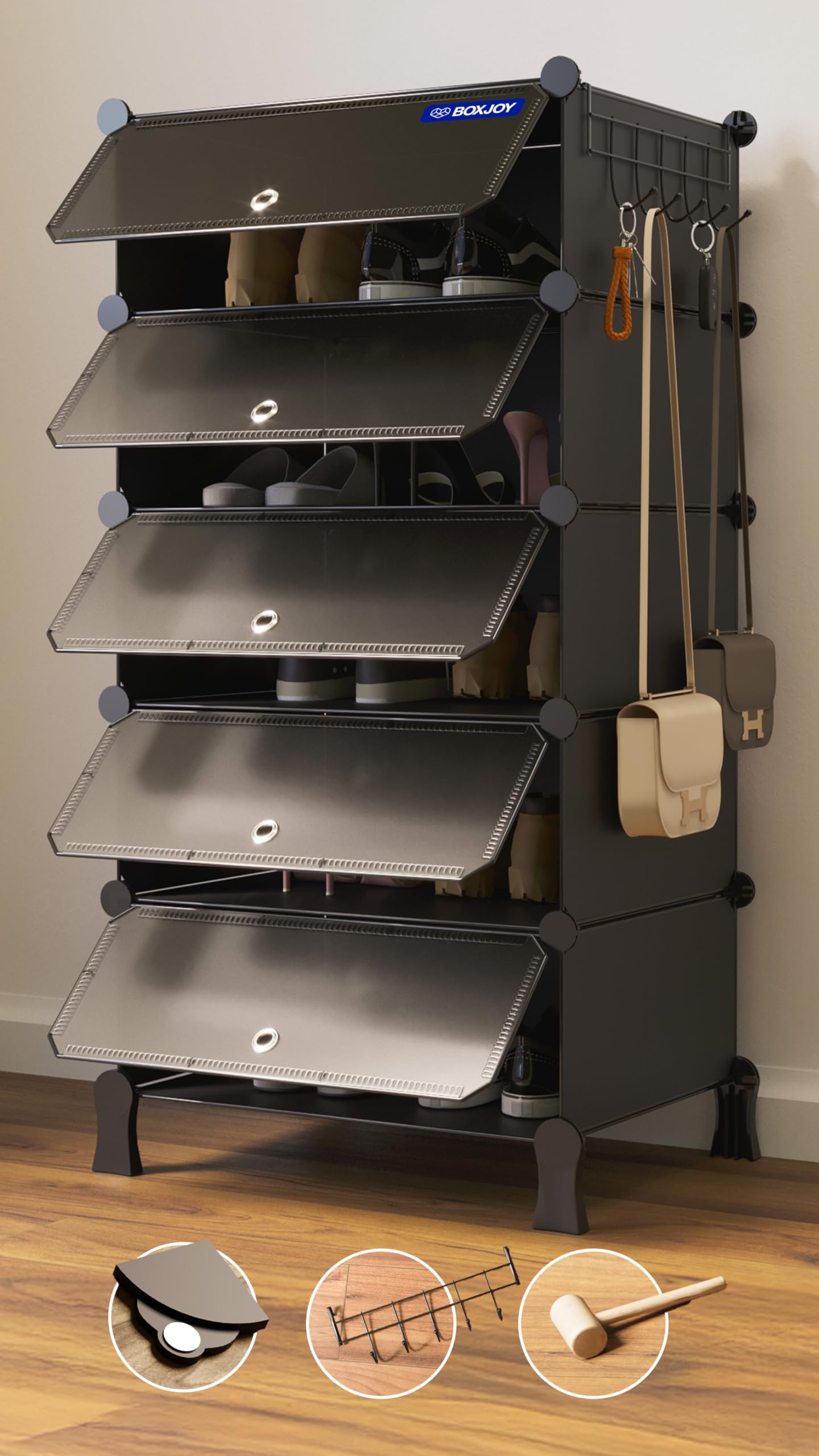 BOXJOY 6 Shelf Black Shoe Rack with 3 Brown Doors & Steel Holder | Hard PET Plastic Door with Metal Frame & Wooden Hammer, Home Shoes Stand Organiser with Feet to Cover Sandals Chappal Slipper