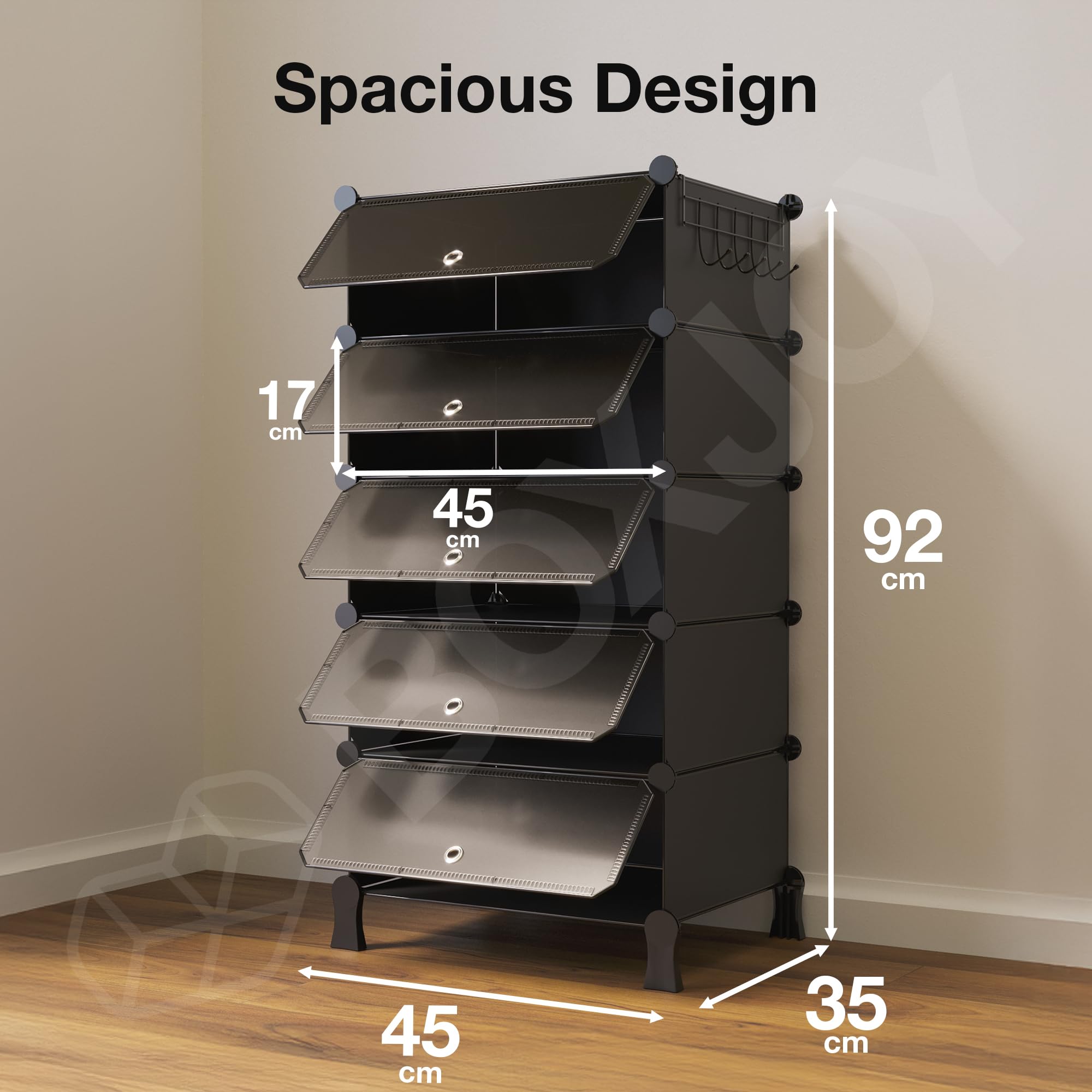 BOXJOY 6 Shelf Black Shoe Rack with 3 Brown Doors & Steel Holder | Hard PET Plastic Door with Metal Frame & Wooden Hammer, Home Shoes Stand Organiser with Feet to Cover Sandals Chappal Slipper