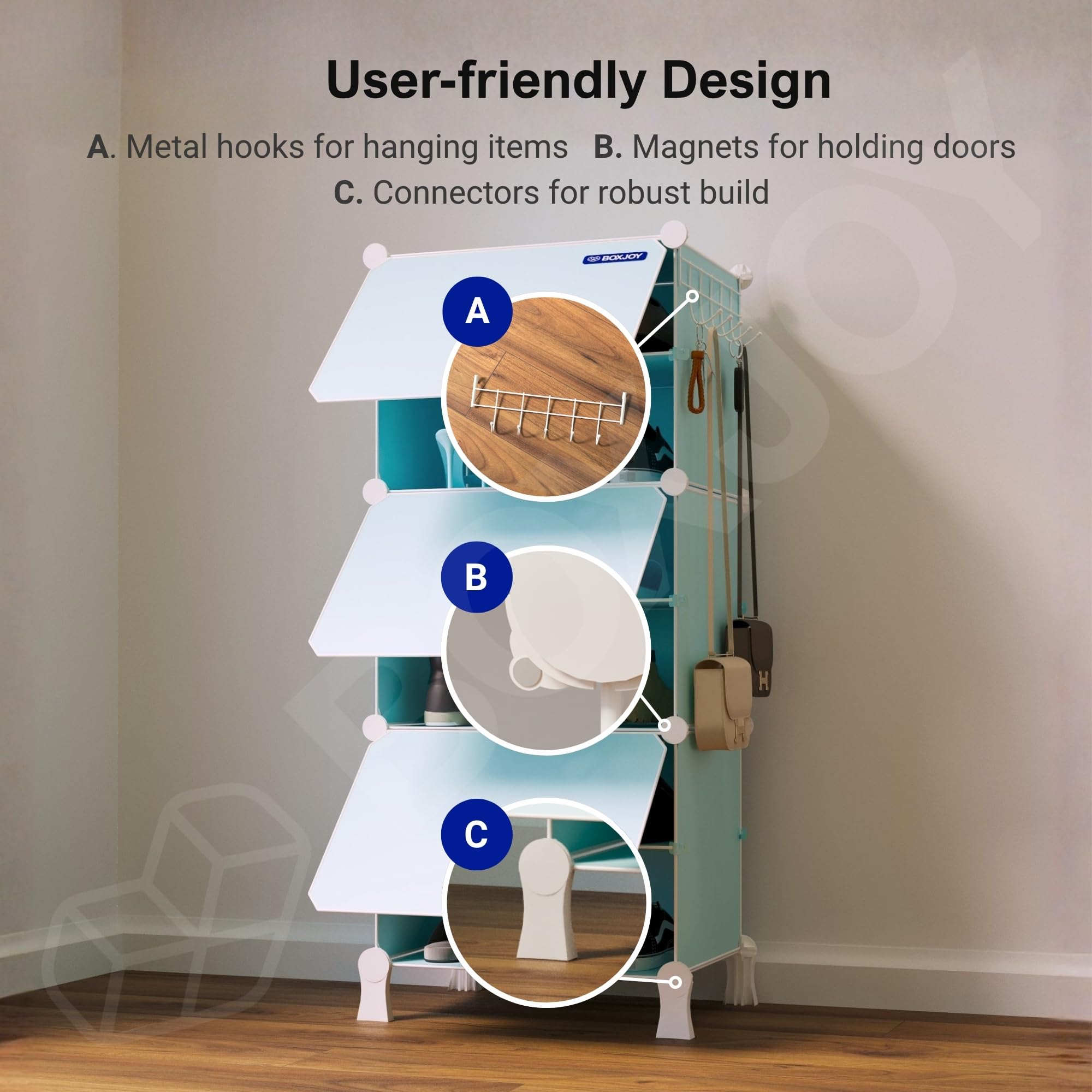 BOXJOY 6 Shelf Black Shoe Rack with 3 Brown Doors & Steel Holder | Hard PET Plastic Door with Metal Frame & Wooden Hammer, Home Shoes Stand Organiser with Feet to Cover Sandals Chappal Slipper