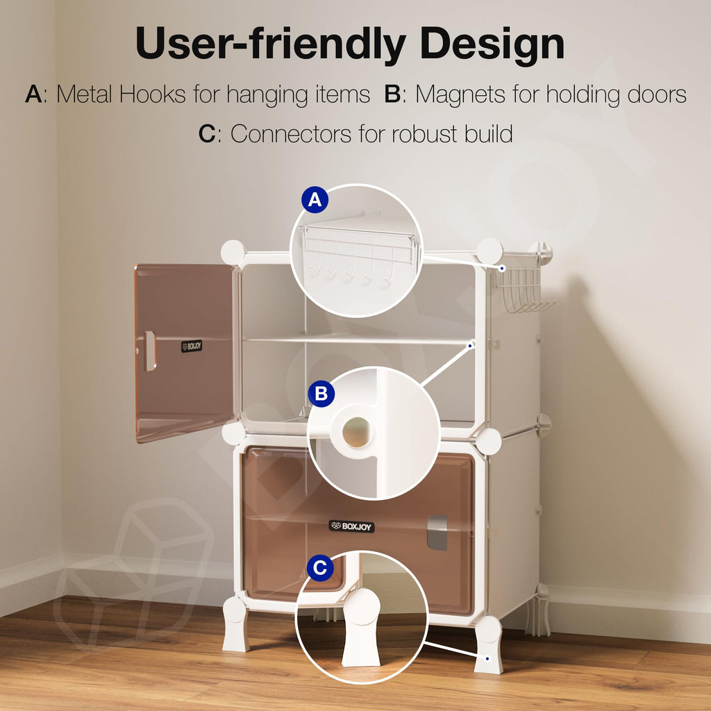 BOXJOY 6 Shelf Black Shoe Rack with 3 Brown Doors & Steel Holder | Hard PET Plastic Door with Metal Frame & Wooden Hammer, Home Shoes Stand Organiser with Feet to Cover Sandals Chappal Slipper