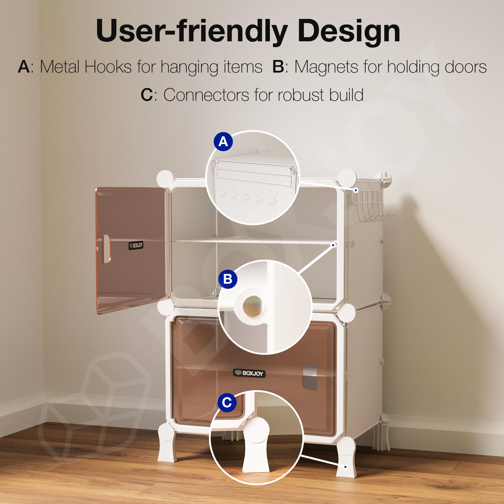 BOXJOY 6 Shelf Black Shoe Rack with 3 Brown Doors & Steel Holder | Hard PET Plastic Door with Metal Frame & Wooden Hammer, Home Shoes Stand Organiser with Feet to Cover Sandals Chappal Slipper