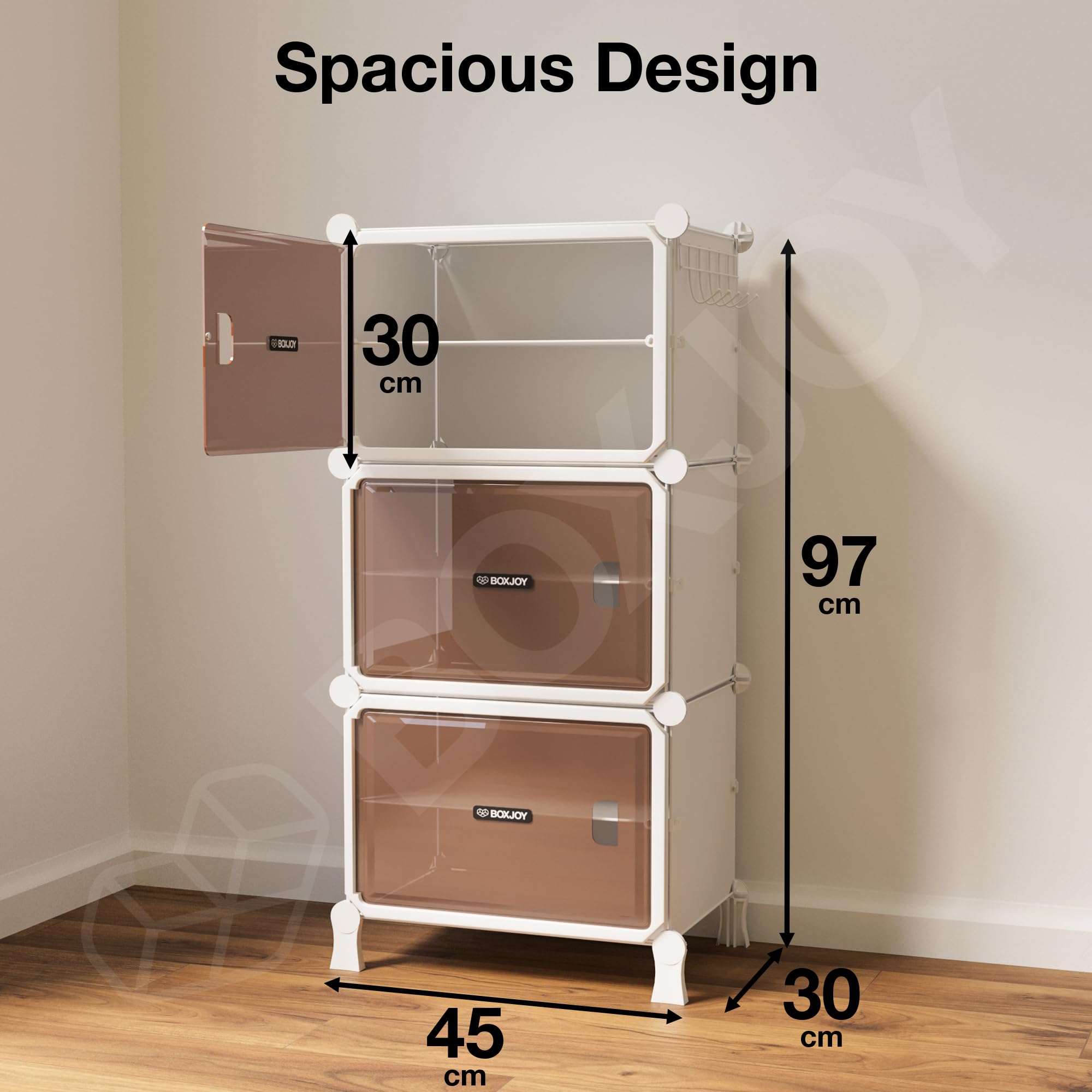 BOXJOY 6 Shelf Black Shoe Rack with 3 Brown Doors & Steel Holder | Hard PET Plastic Door with Metal Frame & Wooden Hammer, Home Shoes Stand Organiser with Feet to Cover Sandals Chappal Slipper