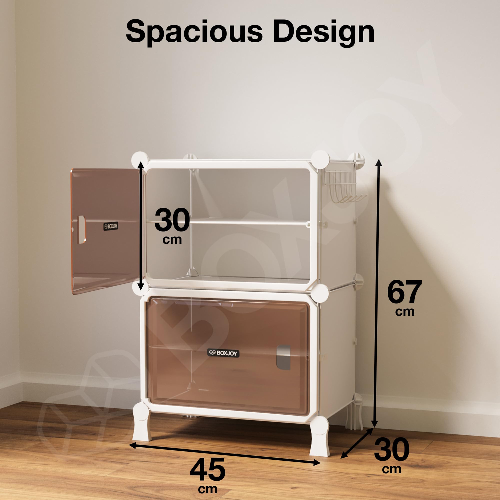 BOXJOY 6 Shelf Black Shoe Rack with 3 Brown Doors & Steel Holder | Hard PET Plastic Door with Metal Frame & Wooden Hammer, Home Shoes Stand Organiser with Feet to Cover Sandals Chappal Slipper