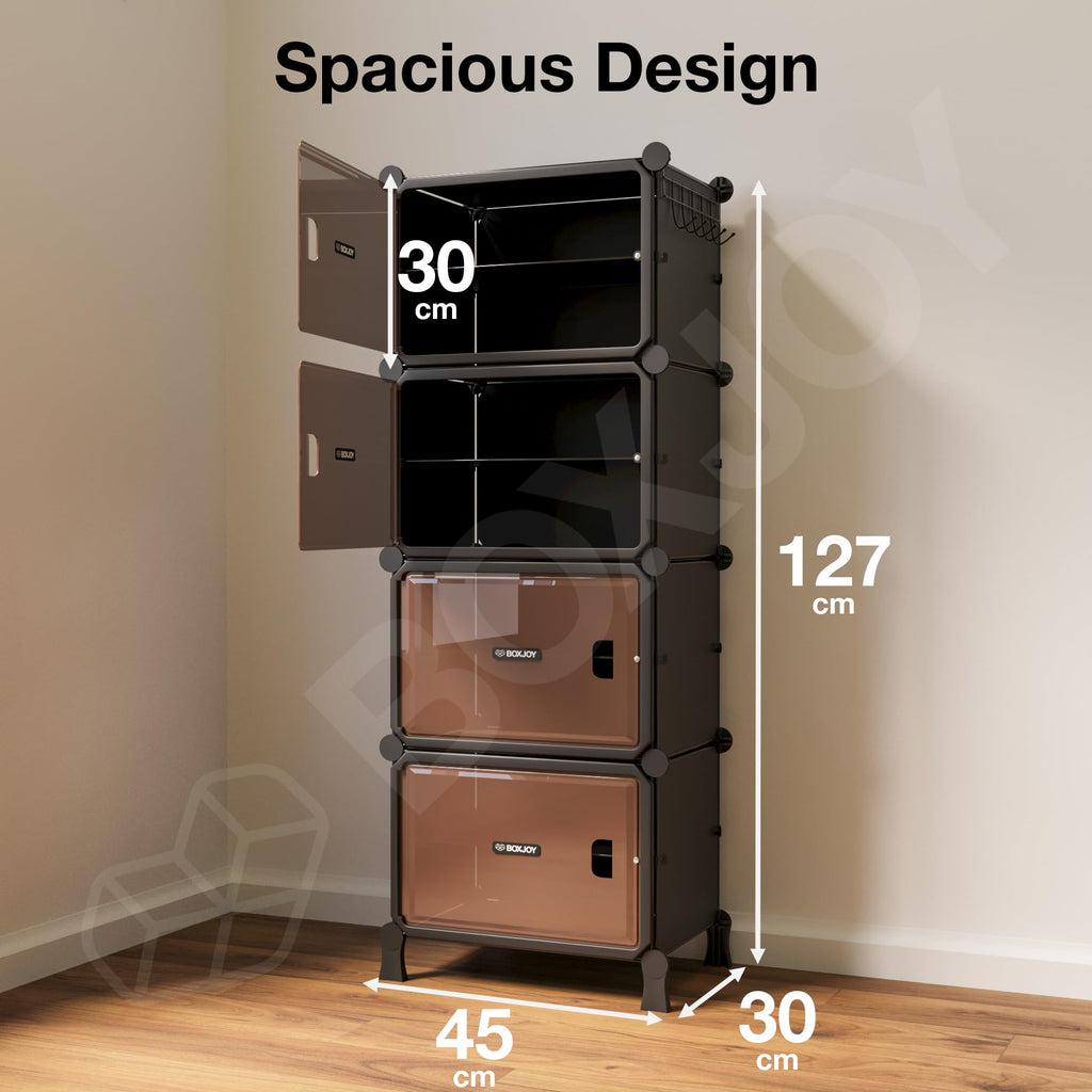 BOXJOY 6 Shelf Black Shoe Rack with 3 Brown Doors & Steel Holder | Hard PET Plastic Door with Metal Frame & Wooden Hammer, Home Shoes Stand Organiser with Feet to Cover Sandals Chappal Slipper