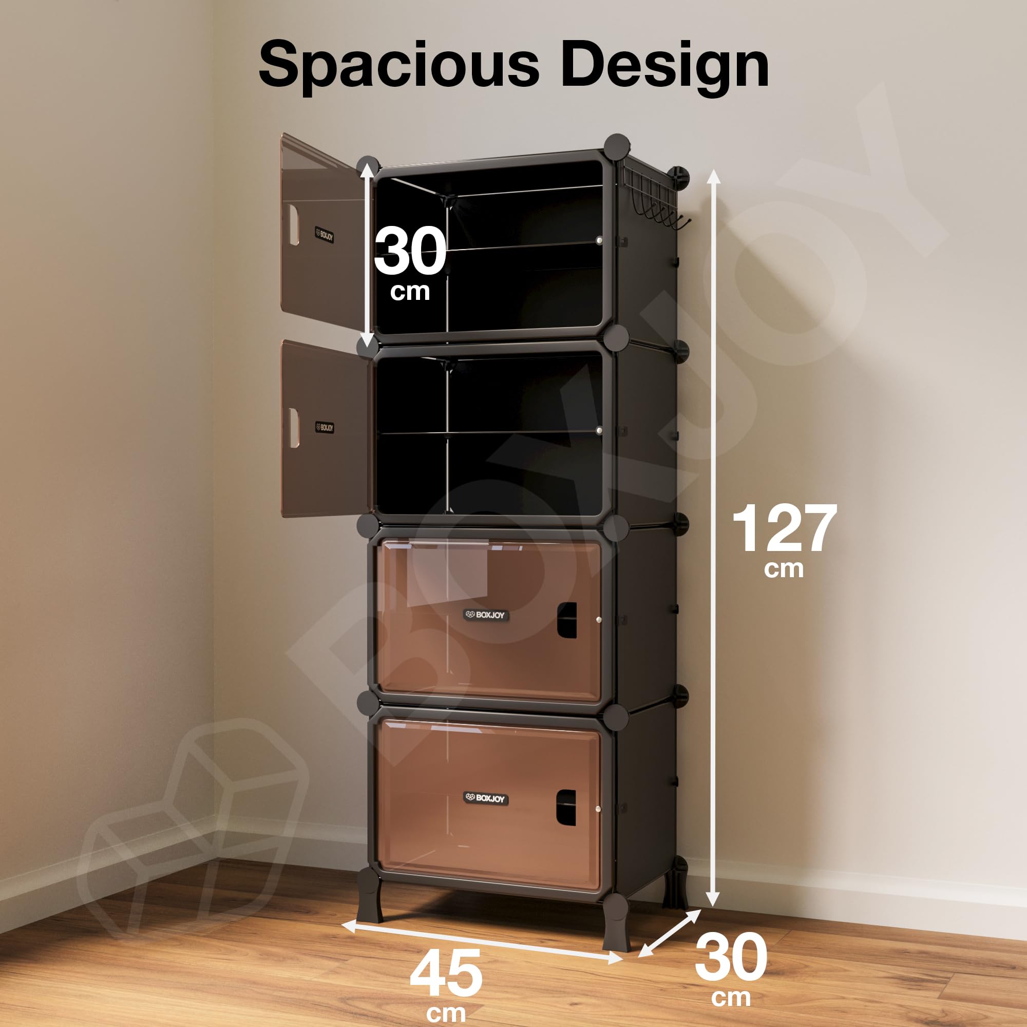 BOXJOY 6 Shelf Black Shoe Rack with 3 Brown Doors & Steel Holder | Hard PET Plastic Door with Metal Frame & Wooden Hammer, Home Shoes Stand Organiser with Feet to Cover Sandals Chappal Slipper