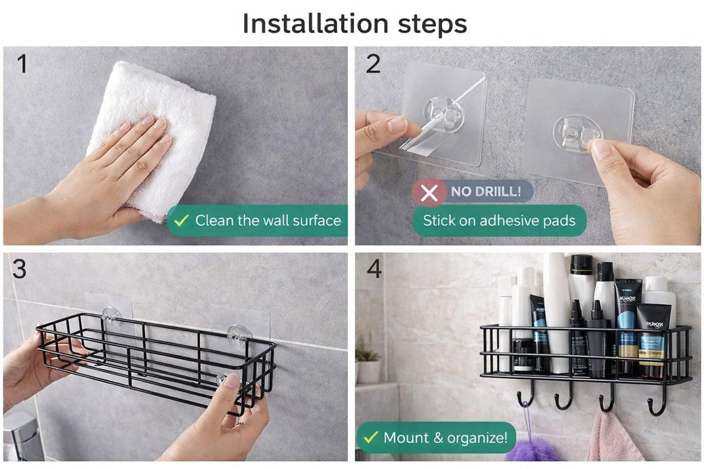 Oslen (Pack of 2 Self-Adhesive Multipurpose Bathroom Rack, Bathroom Shelf Organizer, Wall Mounted Shelf,Bathroom Accessories Set for Home,Bathroom Shelves (Black)
