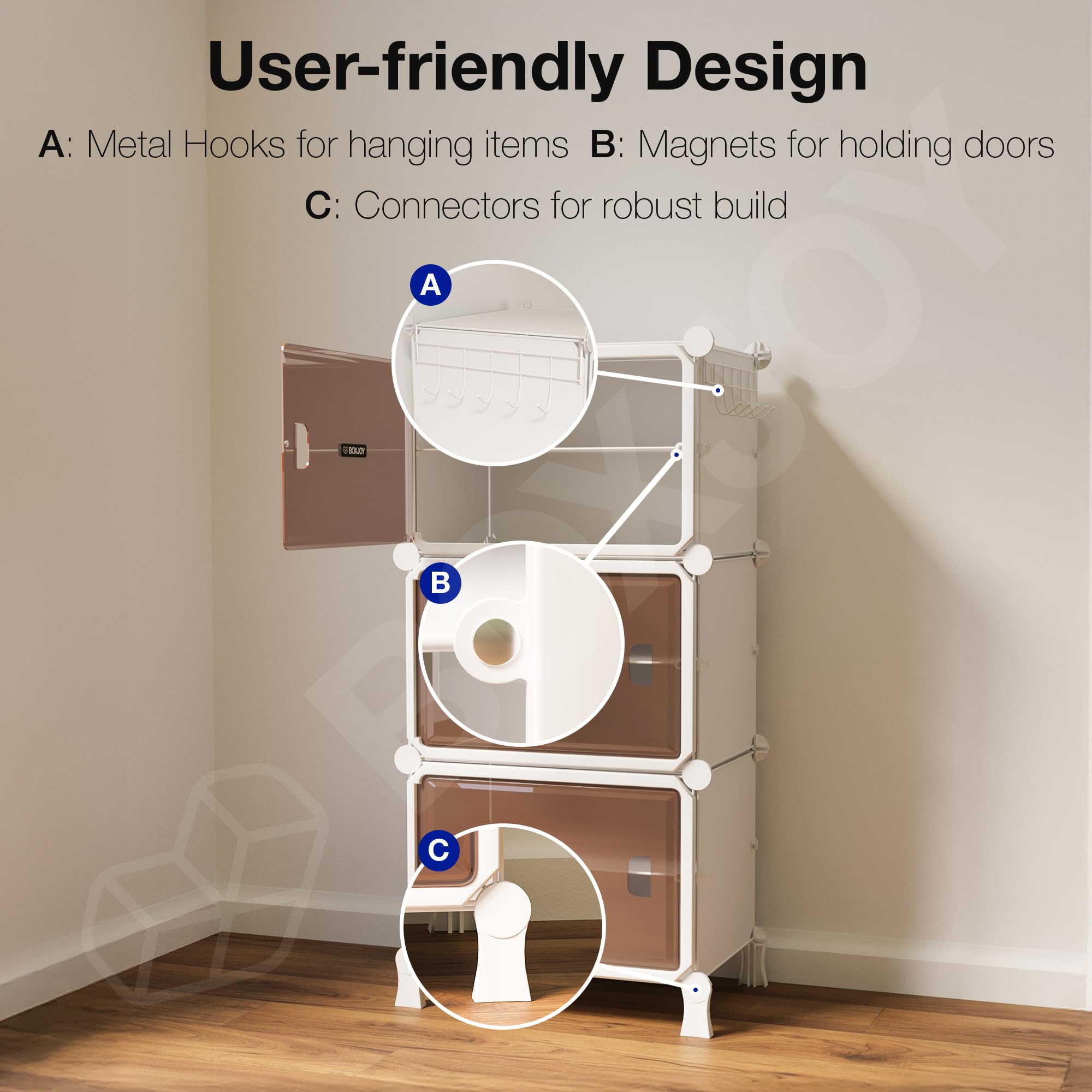 BOXJOY 6 Shelf Black Shoe Rack with 3 Brown Doors & Steel Holder | Hard PET Plastic Door with Metal Frame & Wooden Hammer, Home Shoes Stand Organiser with Feet to Cover Sandals Chappal Slipper