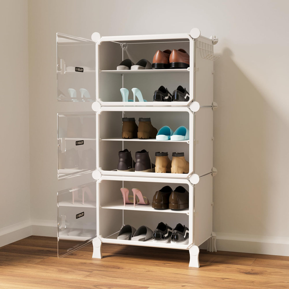 BOXJOY 6 Shelf Black Shoe Rack with 3 Brown Doors & Steel Holder | Hard PET Plastic Door with Metal Frame & Wooden Hammer, Home Shoes Stand Organiser with Feet to Cover Sandals Chappal Slipper