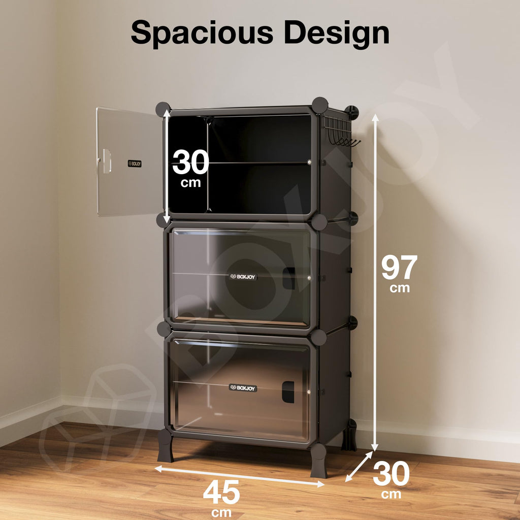 BOXJOY 6 Shelf Black Shoe Rack with 3 Brown Doors & Steel Holder | Hard PET Plastic Door with Metal Frame & Wooden Hammer, Home Shoes Stand Organiser with Feet to Cover Sandals Chappal Slipper