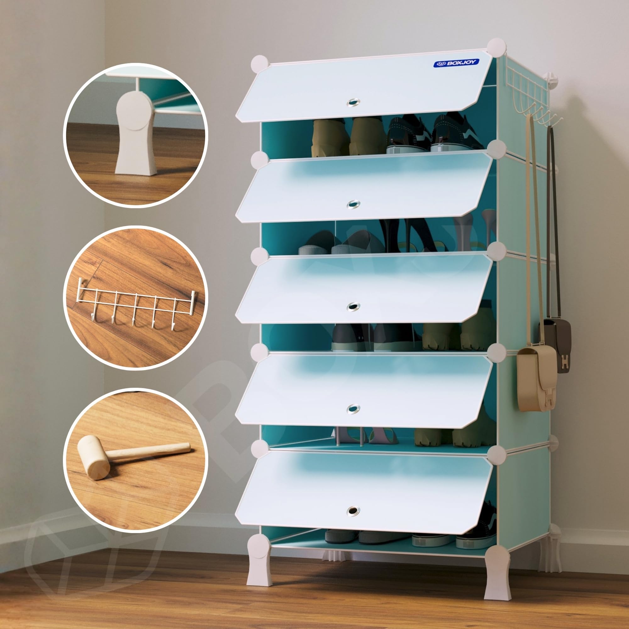 BOXJOY 6 Shelf Black Shoe Rack with 3 Brown Doors & Steel Holder | Hard PET Plastic Door with Metal Frame & Wooden Hammer, Home Shoes Stand Organiser with Feet to Cover Sandals Chappal Slipper