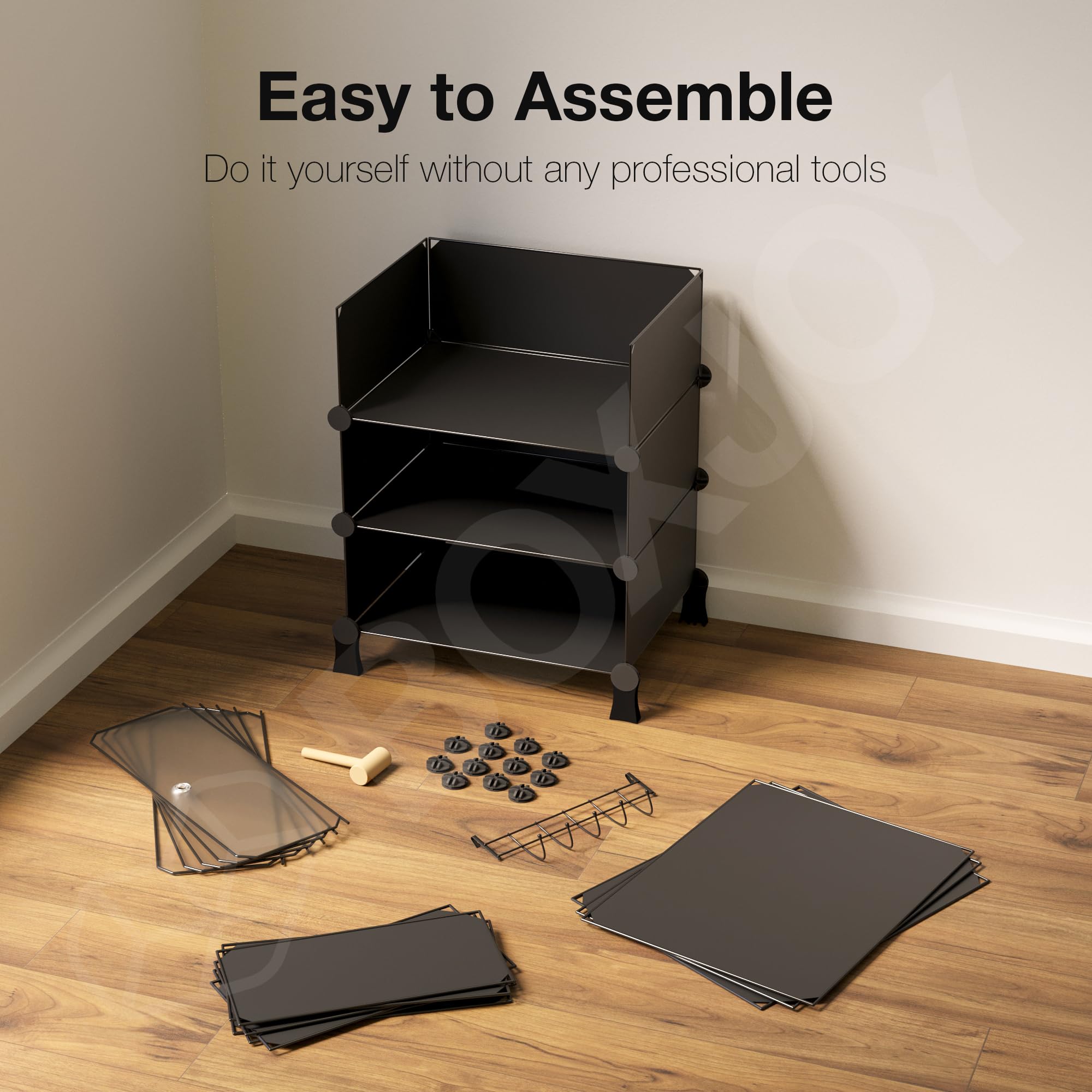 BOXJOY 6 Shelf Black Shoe Rack with 3 Brown Doors & Steel Holder | Hard PET Plastic Door with Metal Frame & Wooden Hammer, Home Shoes Stand Organiser with Feet to Cover Sandals Chappal Slipper