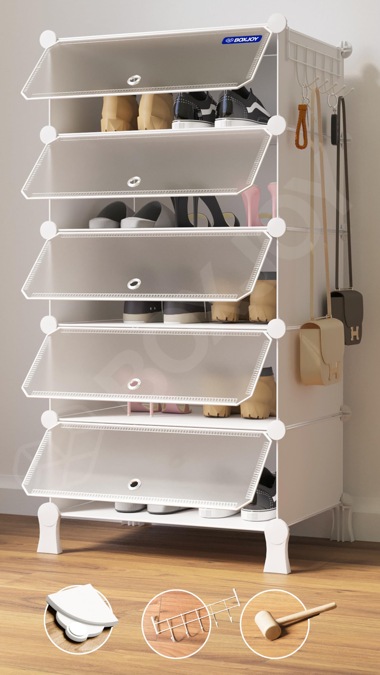 BOXJOY 6 Shelf Black Shoe Rack with 3 Brown Doors & Steel Holder | Hard PET Plastic Door with Metal Frame & Wooden Hammer, Home Shoes Stand Organiser with Feet to Cover Sandals Chappal Slipper
